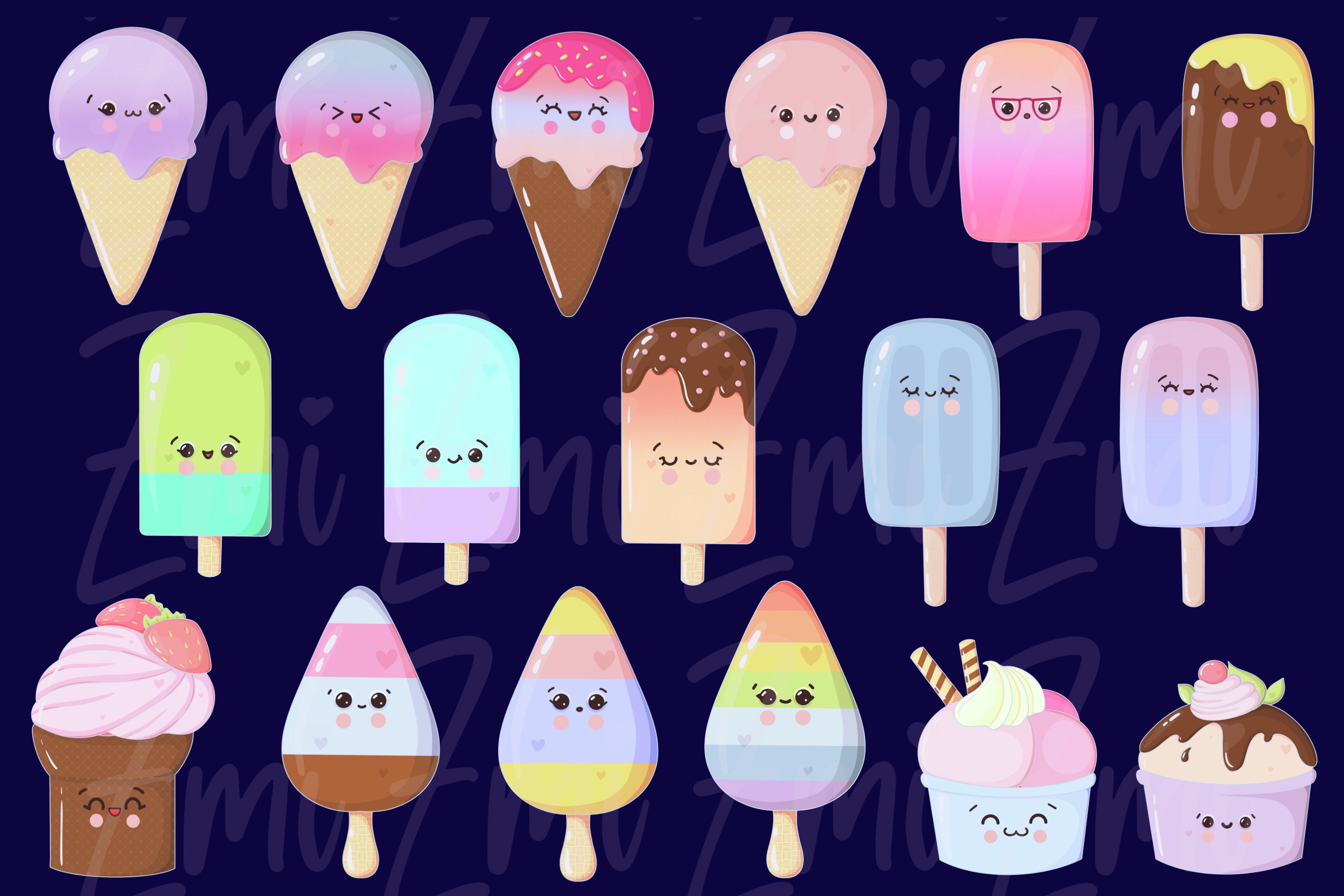 Clipart of colorful kawaii popsicle illustrations on a blue background.