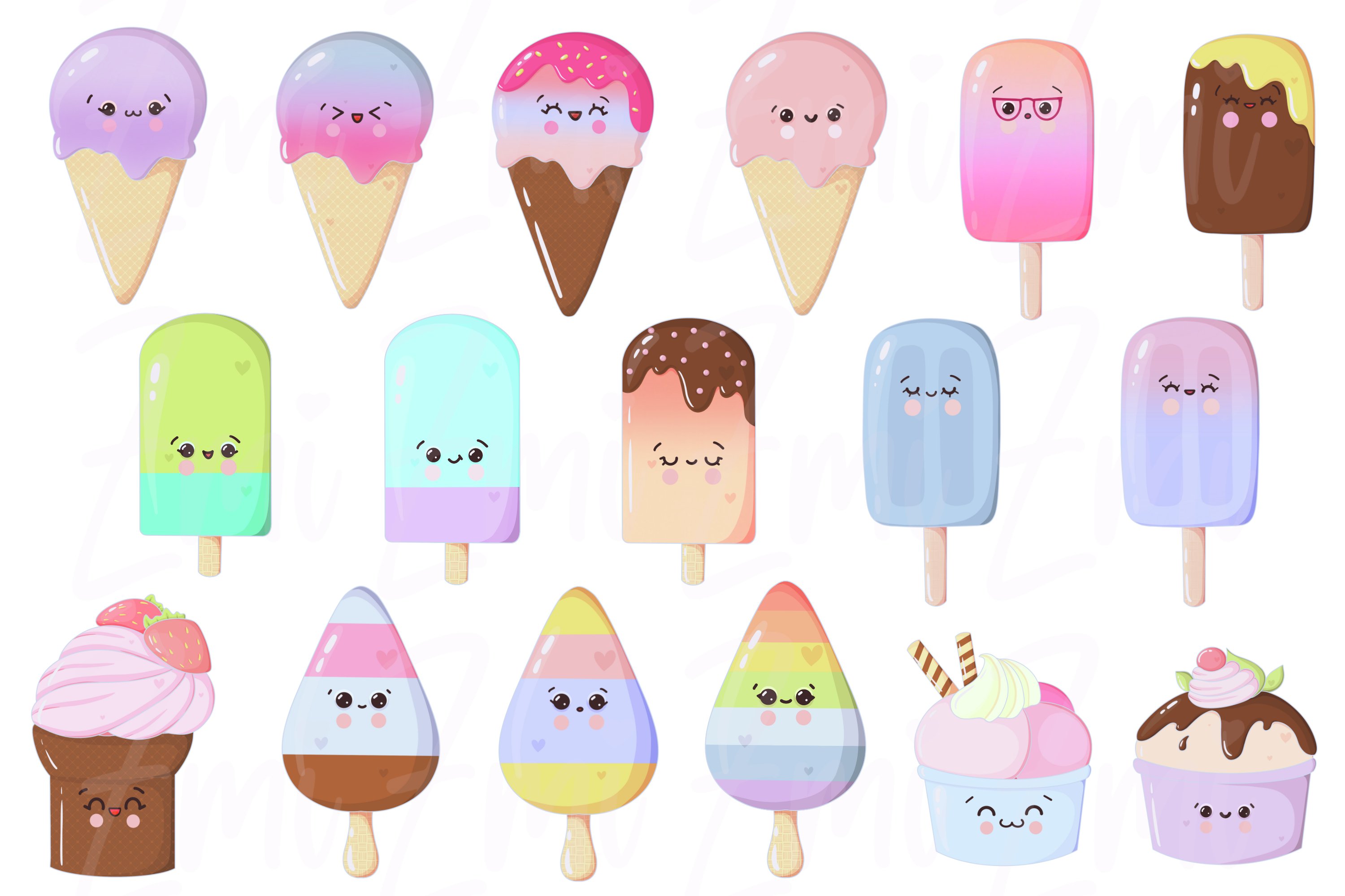 Bundle of different illustrations of kawaii popsicle on a white background.