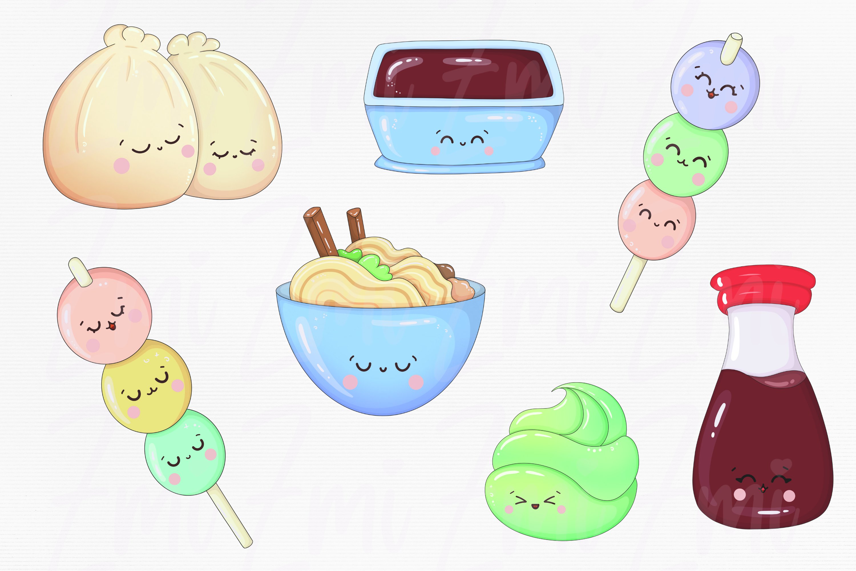 Clipart of 7 colorful illustrations of kawaii sushi on a gray background.