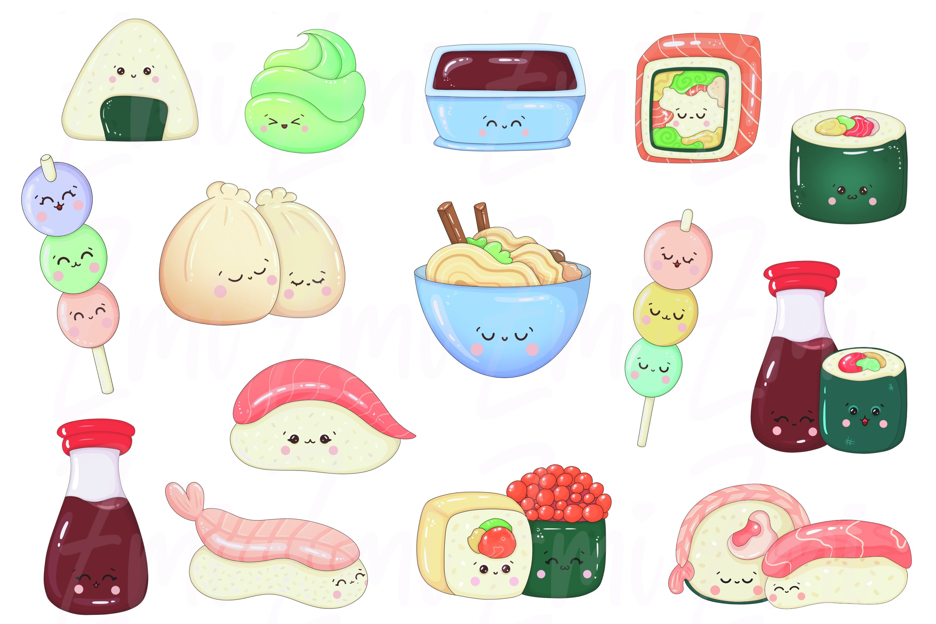 Bundle of different kawaii sushi illustrations on a white background.
