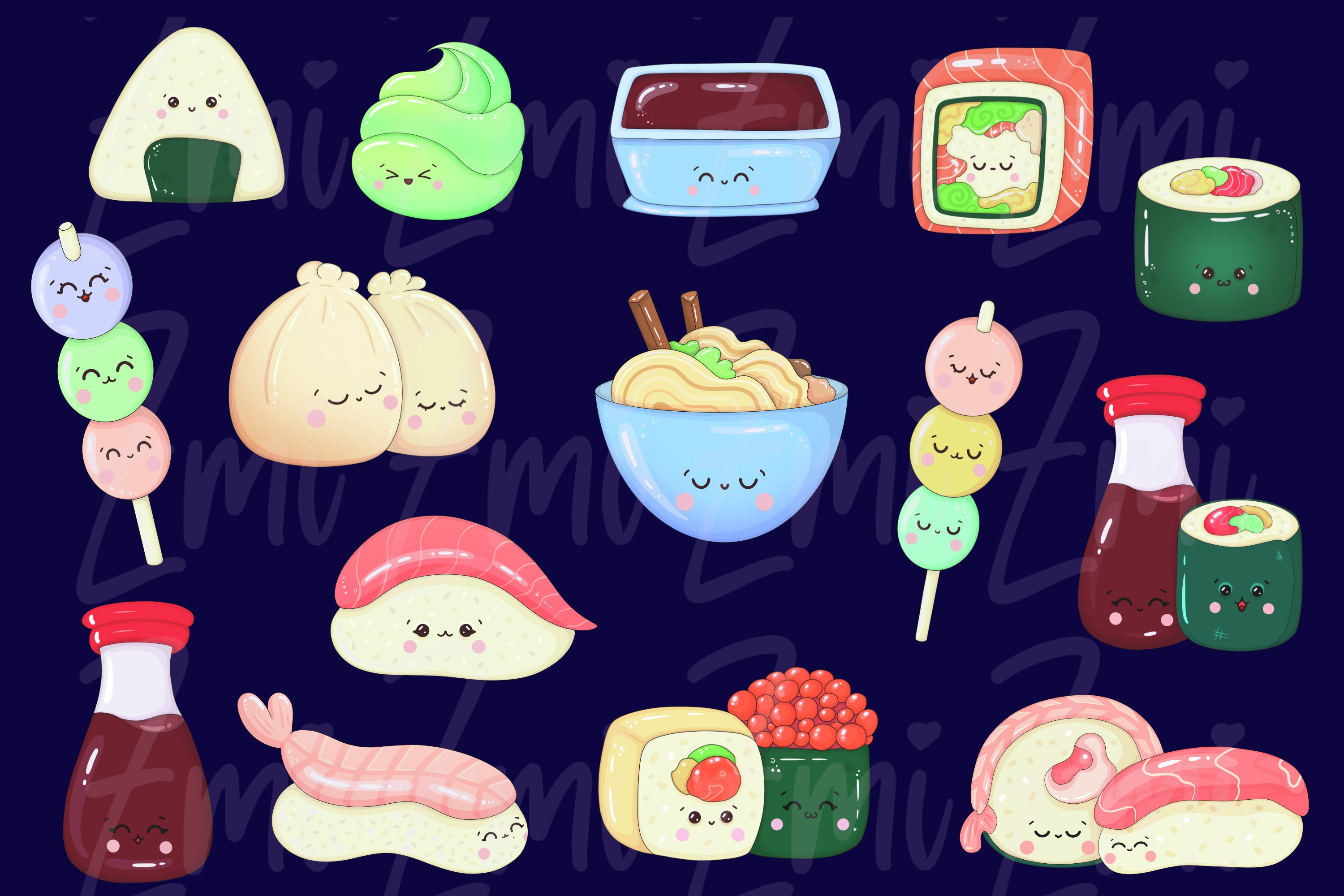 Colorful kit of different illustrations of kawaii sushi on a blue background.