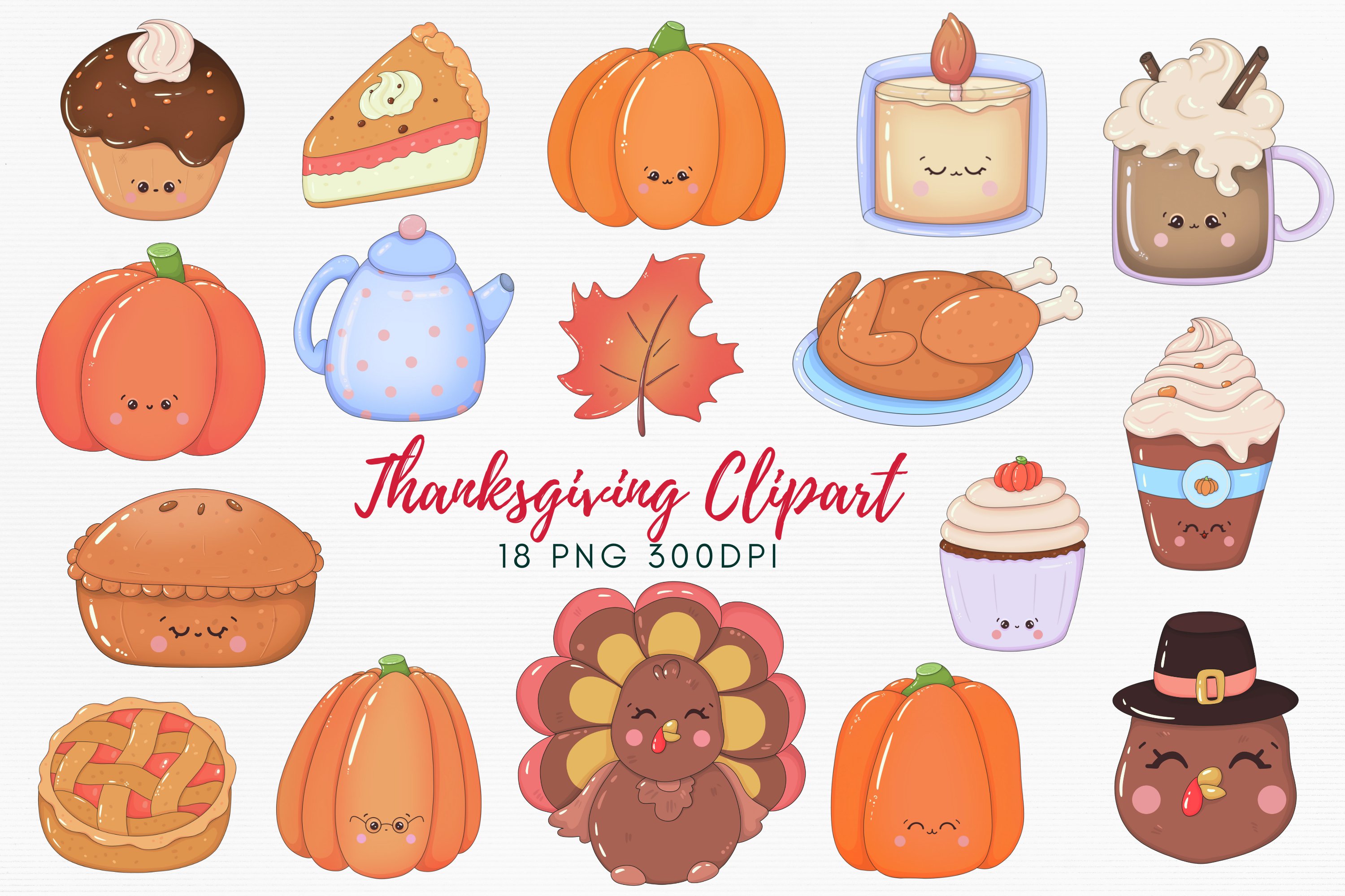 Pink lettering "Thanksgiving Clipart" and different colorful illustrations on a gray background.