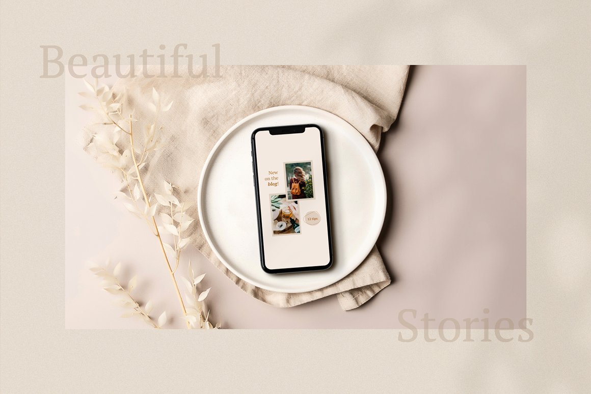 Iphone mockup with template of beautiful stories on a pink background.