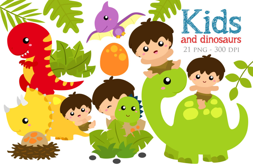 Kids and Dinosaurs Vector Clipart Illustrations - MasterBundles