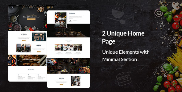 Collection of elegant restaurant theme WordPress pages.