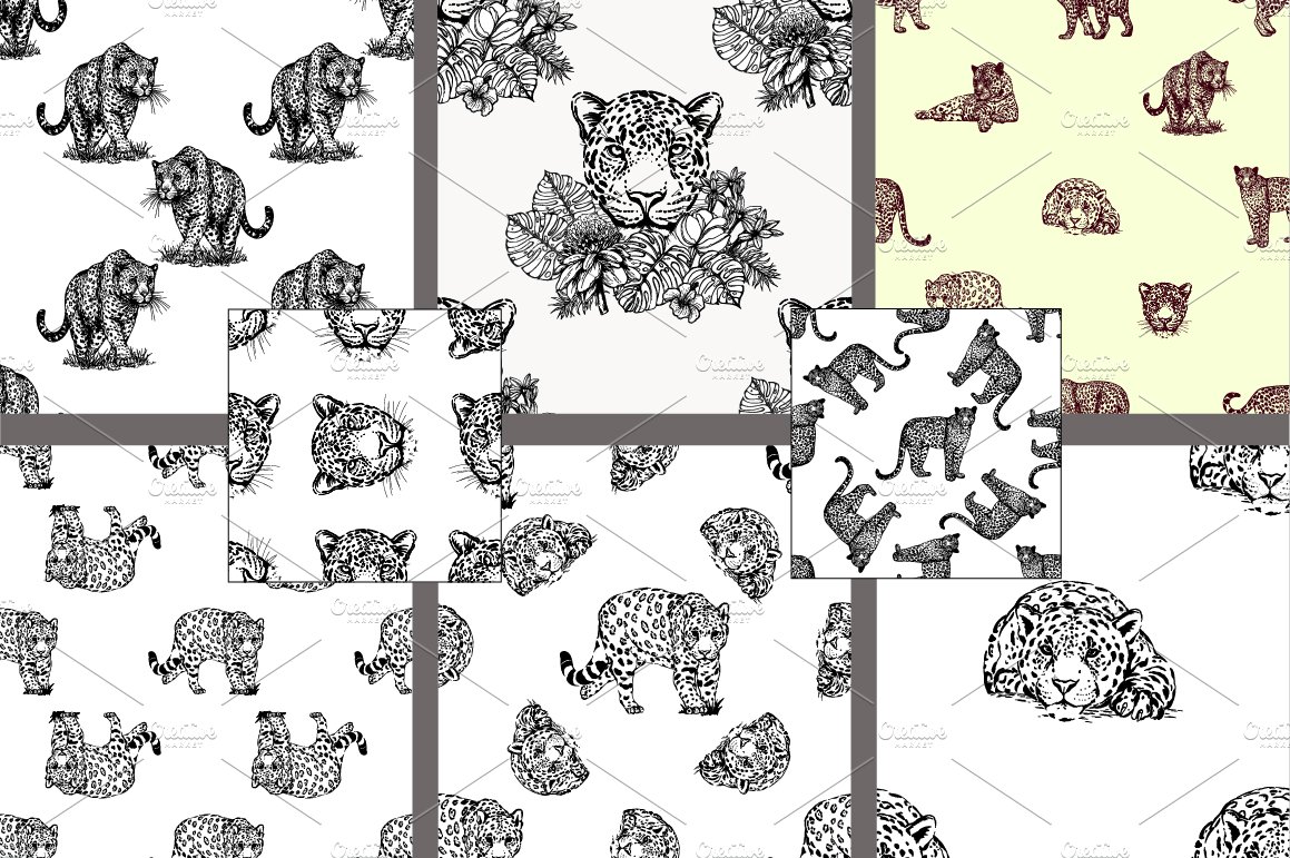 A set of different seamless patterns with illustrations of leopards.
