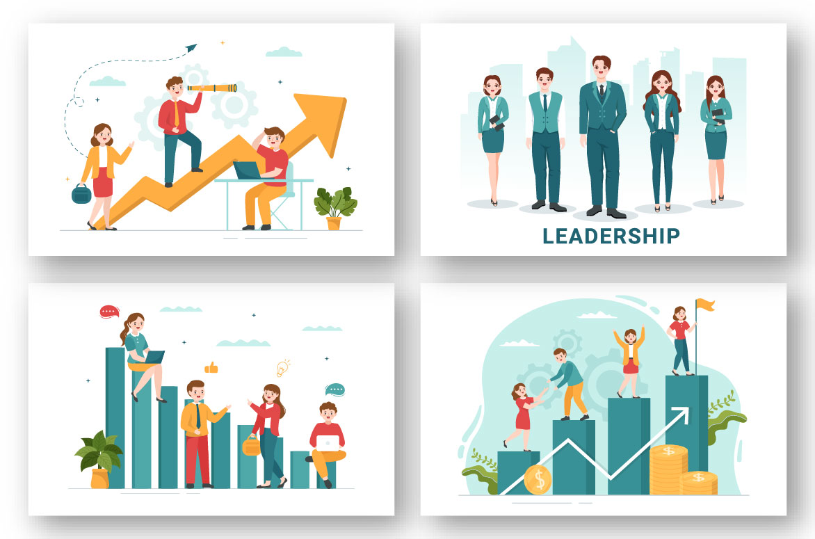 Four illustrations for leadership topics.