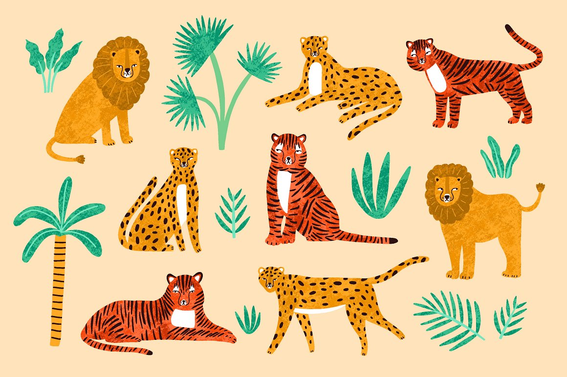 A set of different illustrations of wild cats on a peach background.