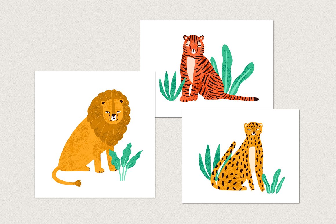 3 illustrations of wild cats on white sheet on a gray background.