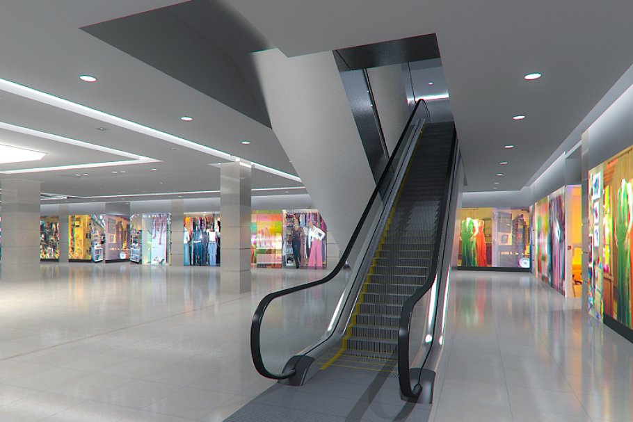 Escalator HD 3D model in the shopping mall preview.