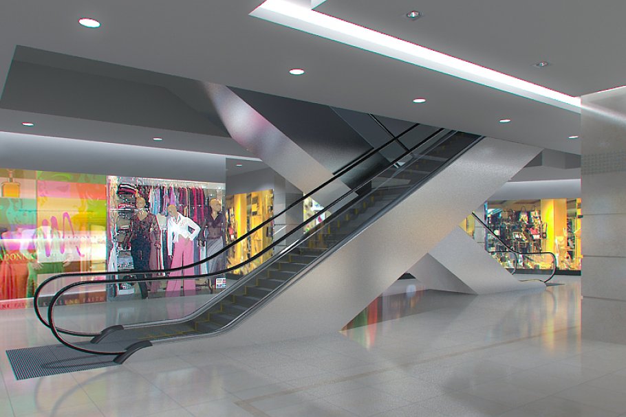 Escalator HD 3D model in the shopping mall preview.