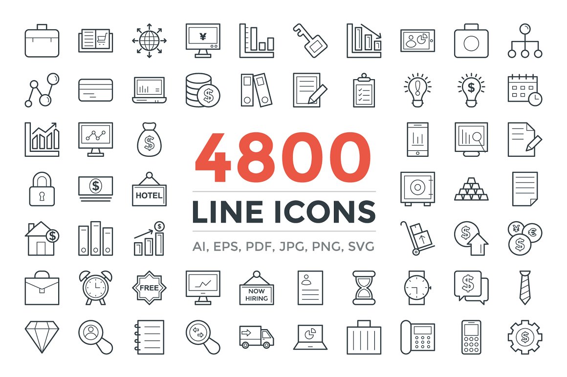 Lettering "4800 Line Icons" and different black line icons on a white background.