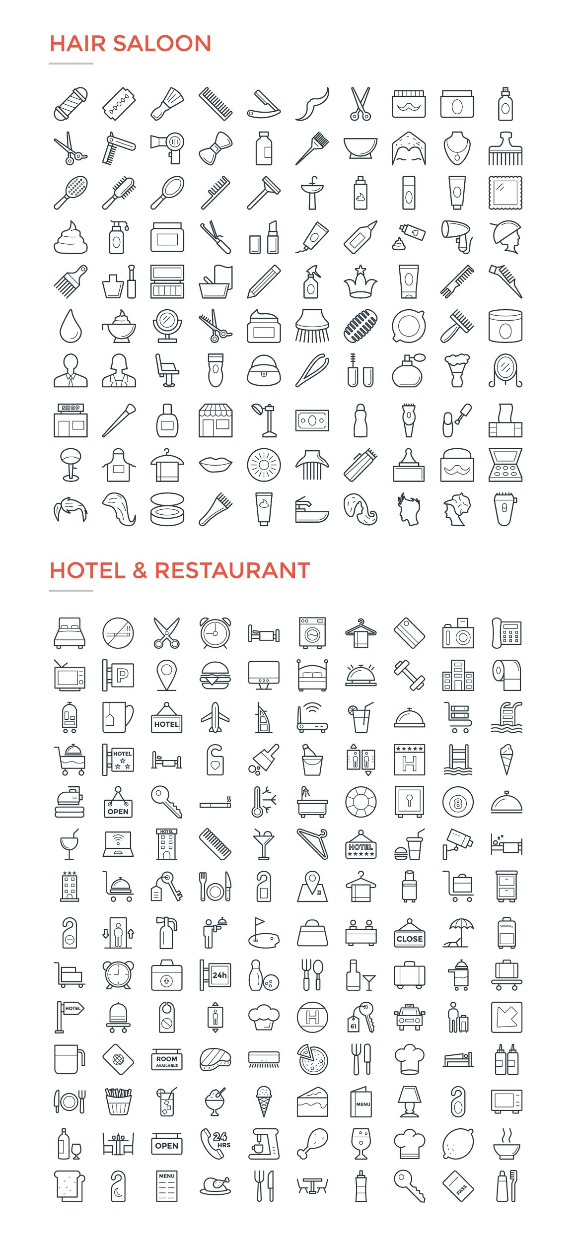Bundle of hair saloon and hotel & restaurant icons on a white background.