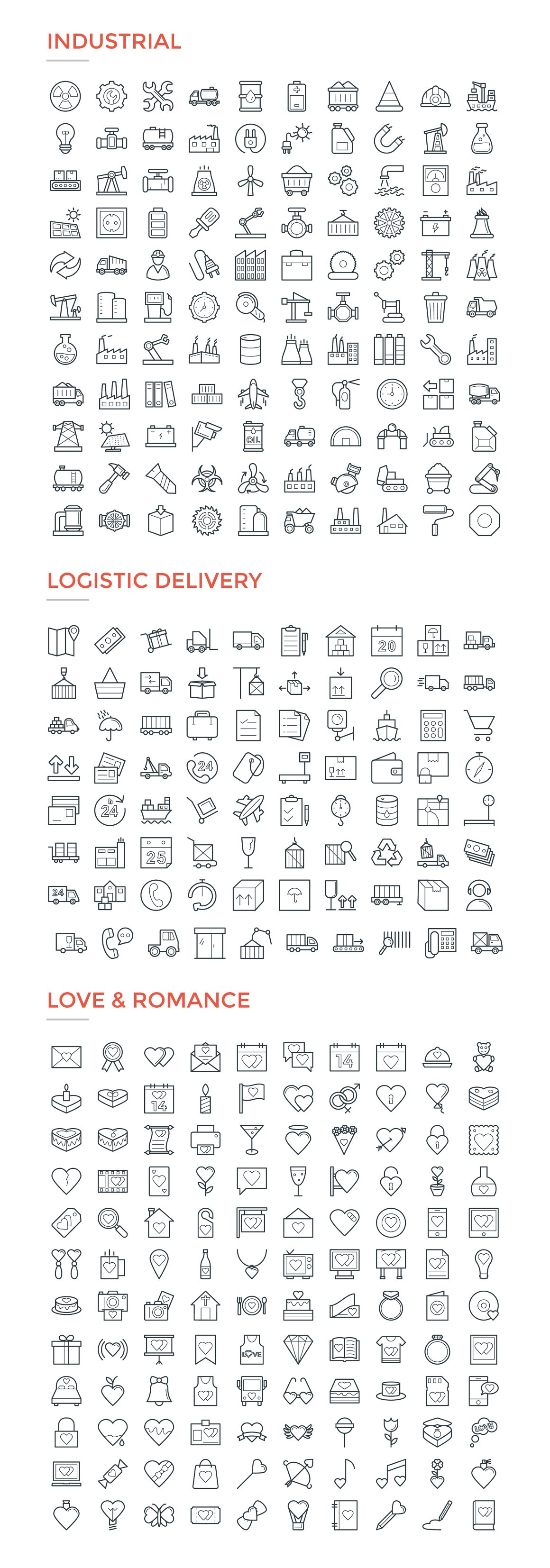 Big kit in black of industrial, logistic delivery and love & romance icons on a white background.