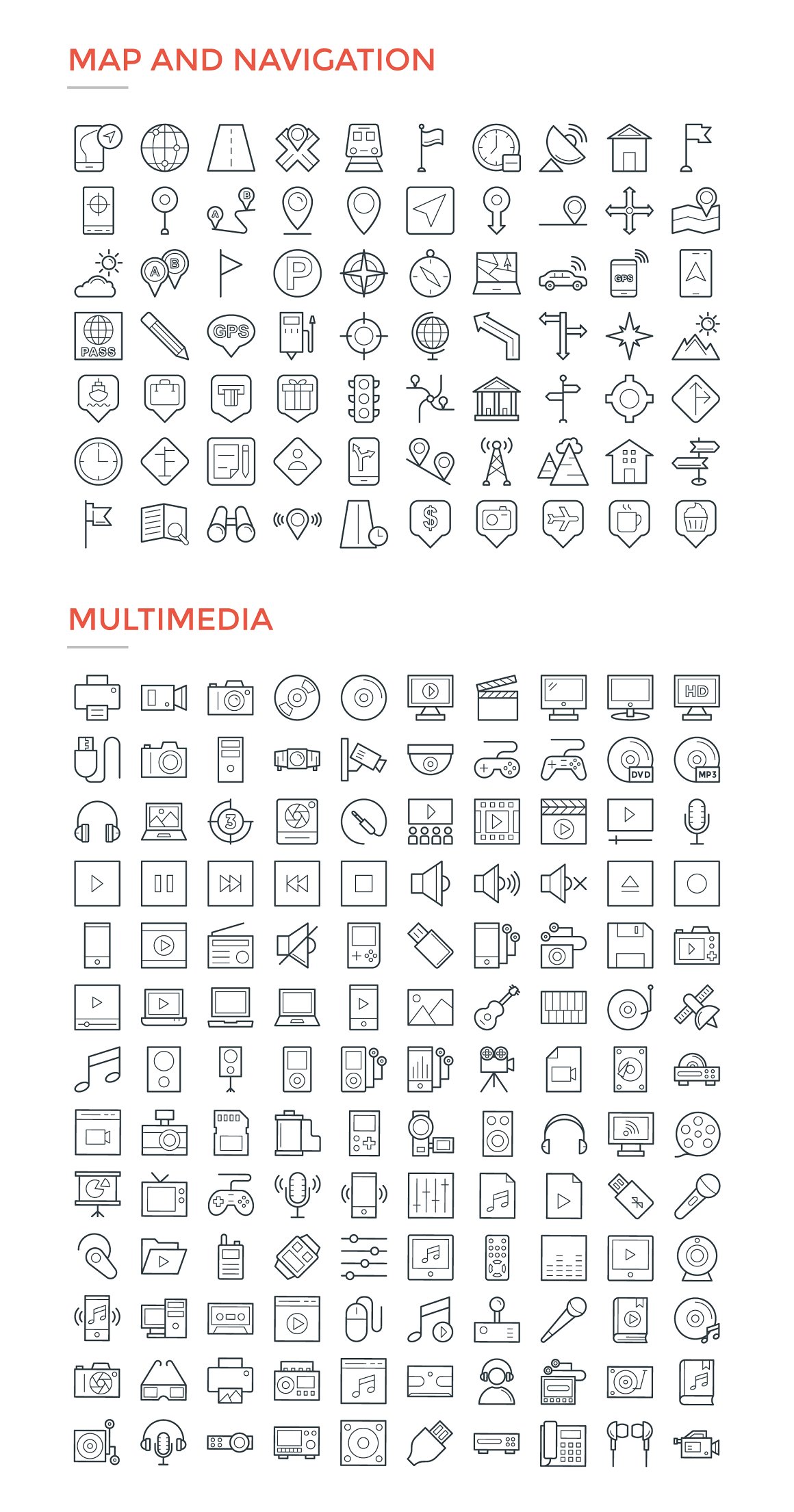 Clipart of black different map & navigation and multimedia icons on a white background.
