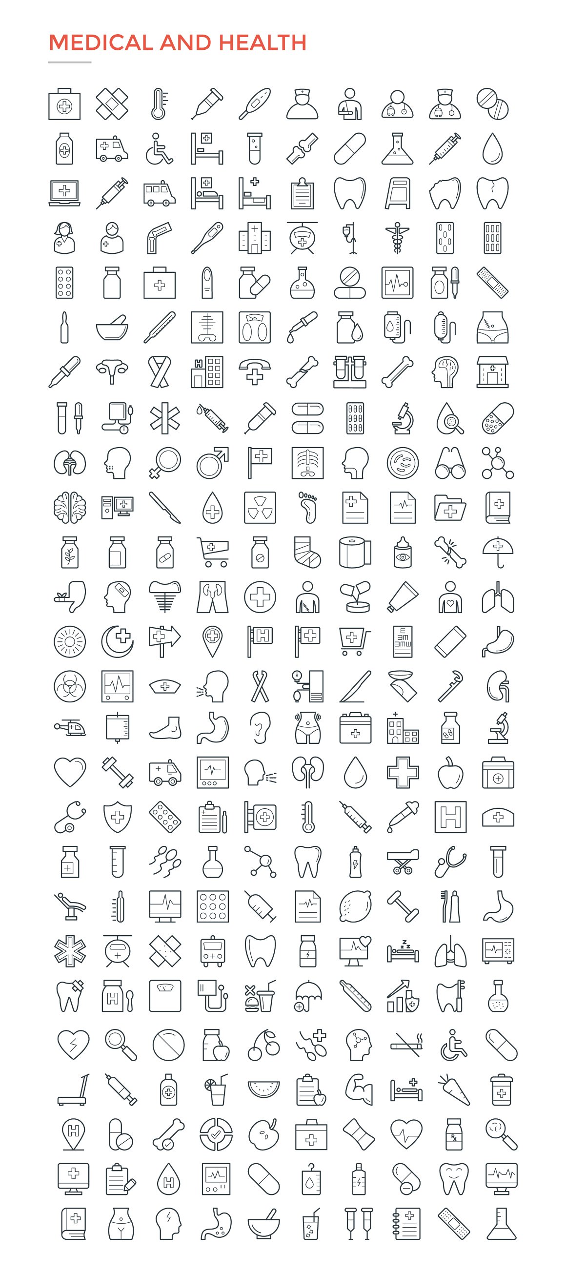 Medical and health black icons on a white background.