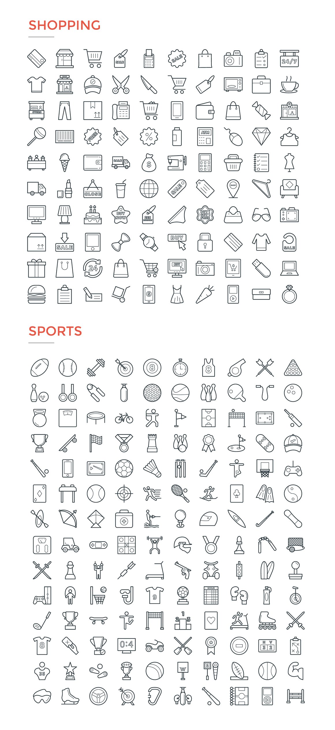 Pack of different black shopping and sports icons on a white background.