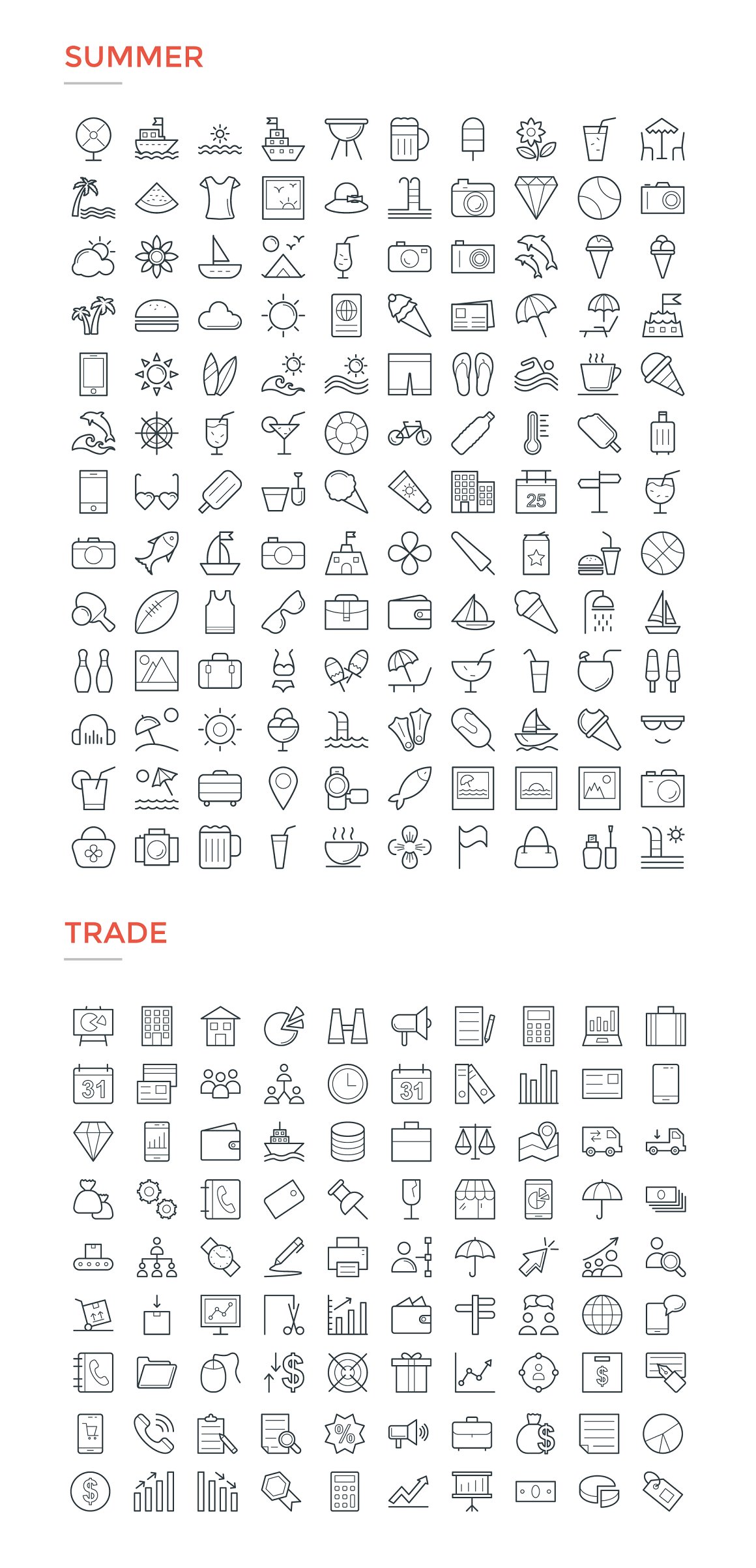 Black set of summer and trade icons on a white background.