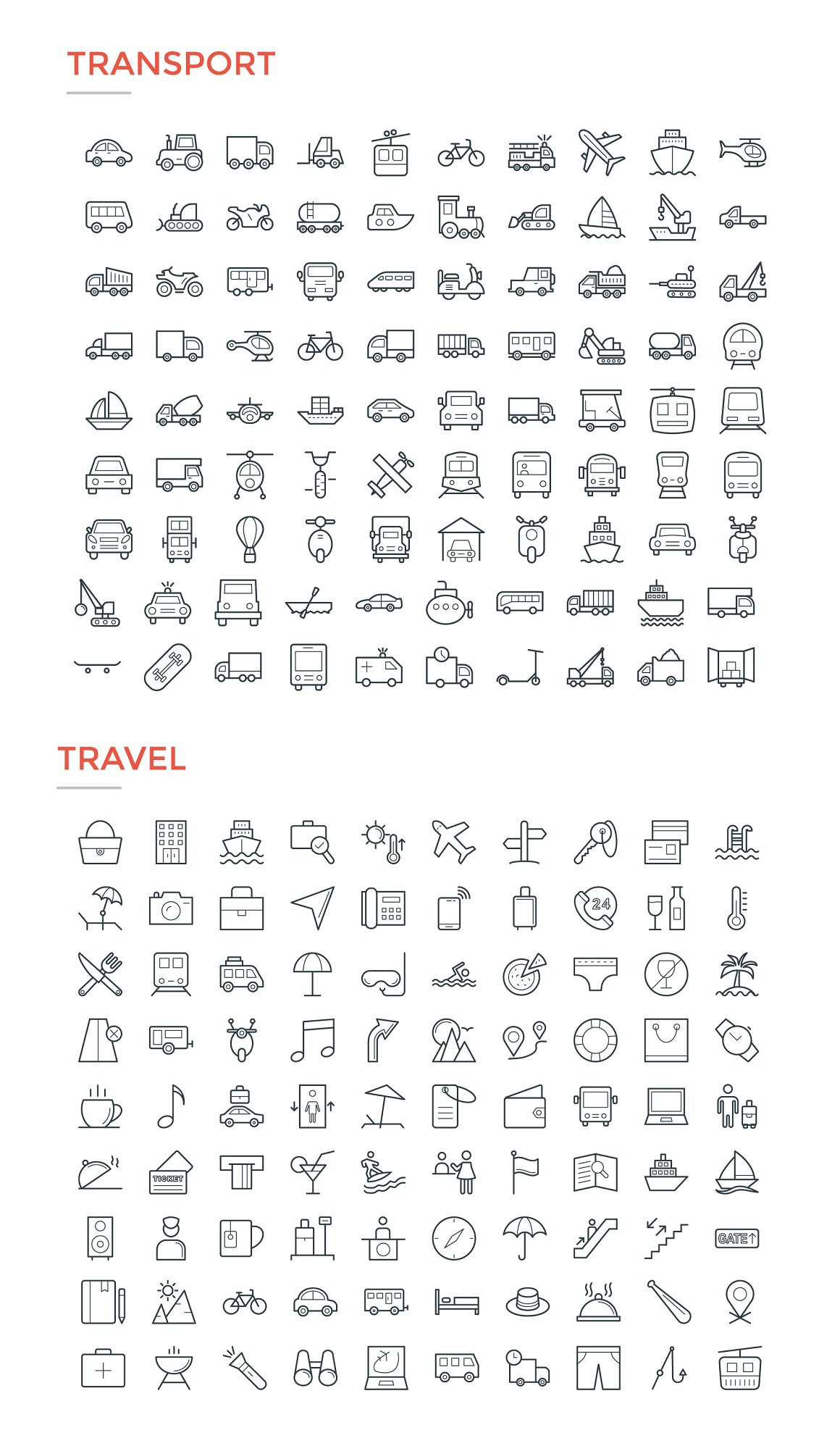 Bundle of transport and travel icons on a white background.