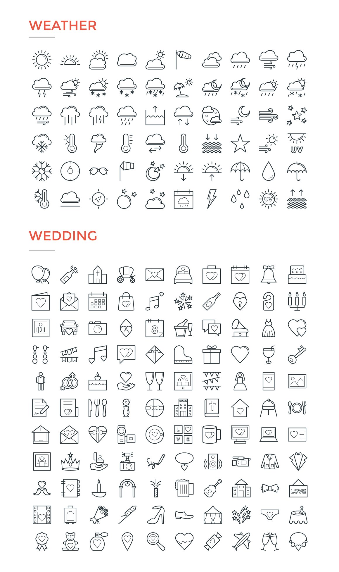 Clipart of black different weather and wedding icons on a white background.