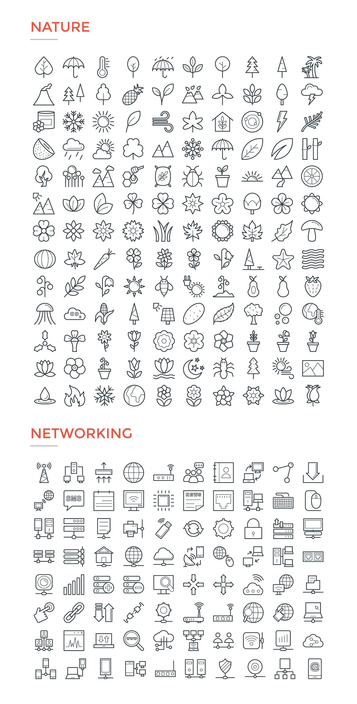 Black different nature and networking icons on a white background.