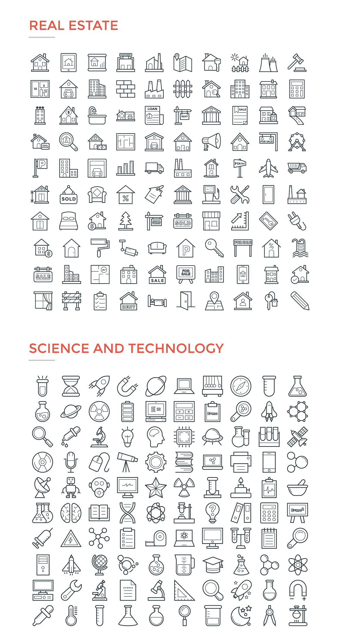 Real estate and science & technology black icons on a white background.