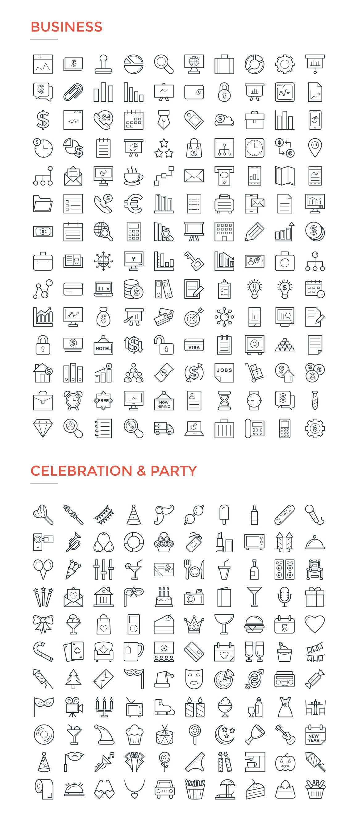 Pack of business and celebration & party icons on a white background.
