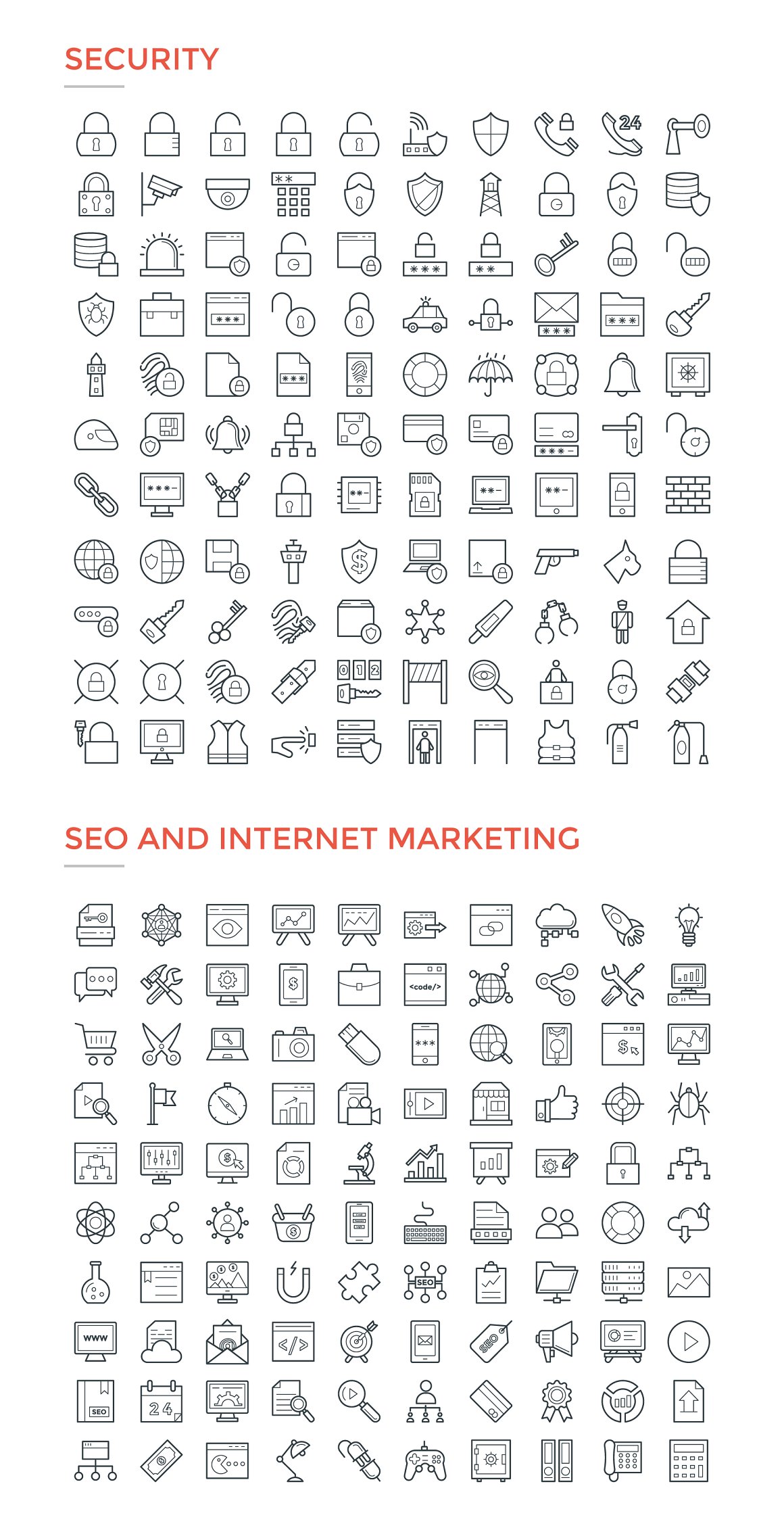 Black pack of different security and seo & internet marketing icons on a white background.