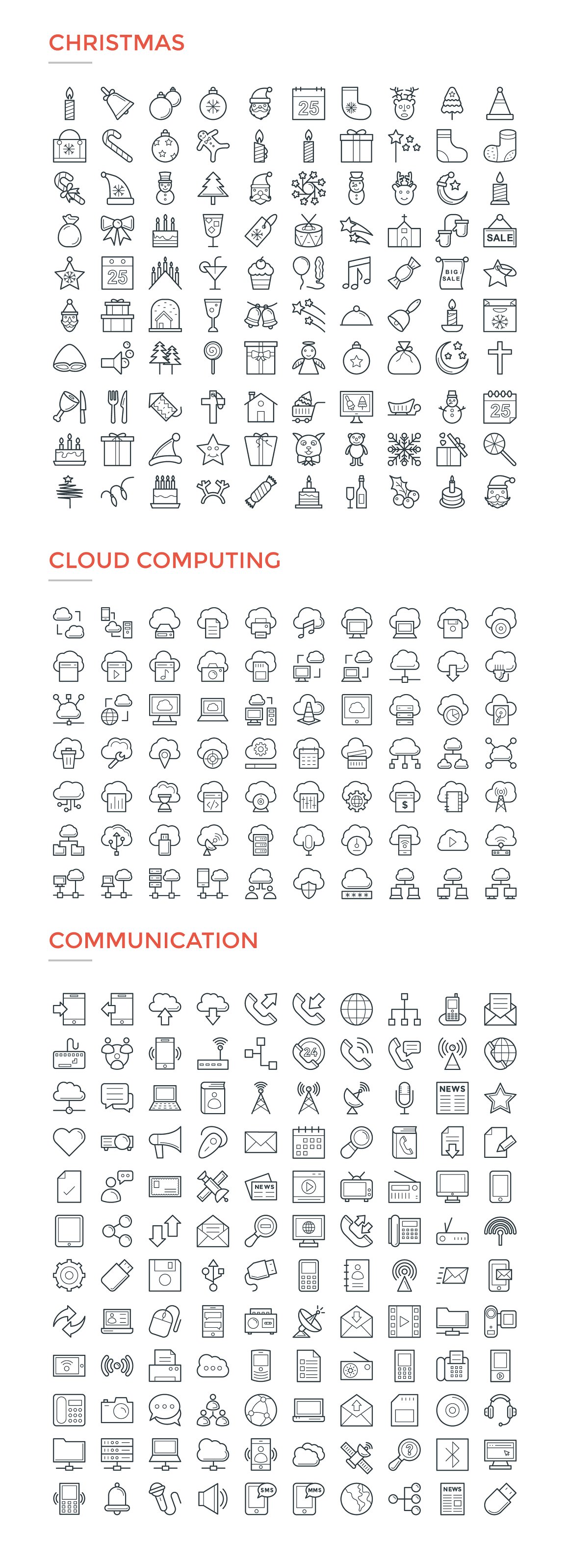 A set of christmas, cloud computing and communication icons on a white background.