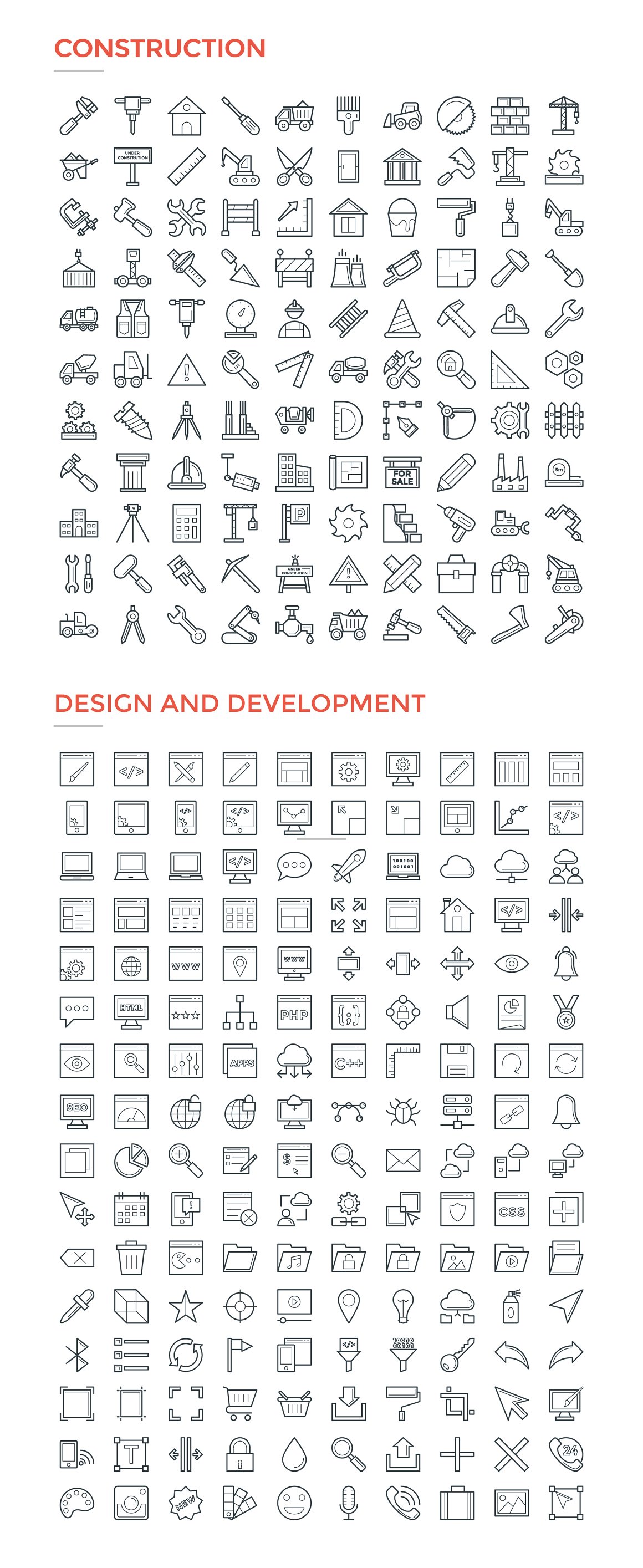 Bundle of construction and design & development icons on a white background.