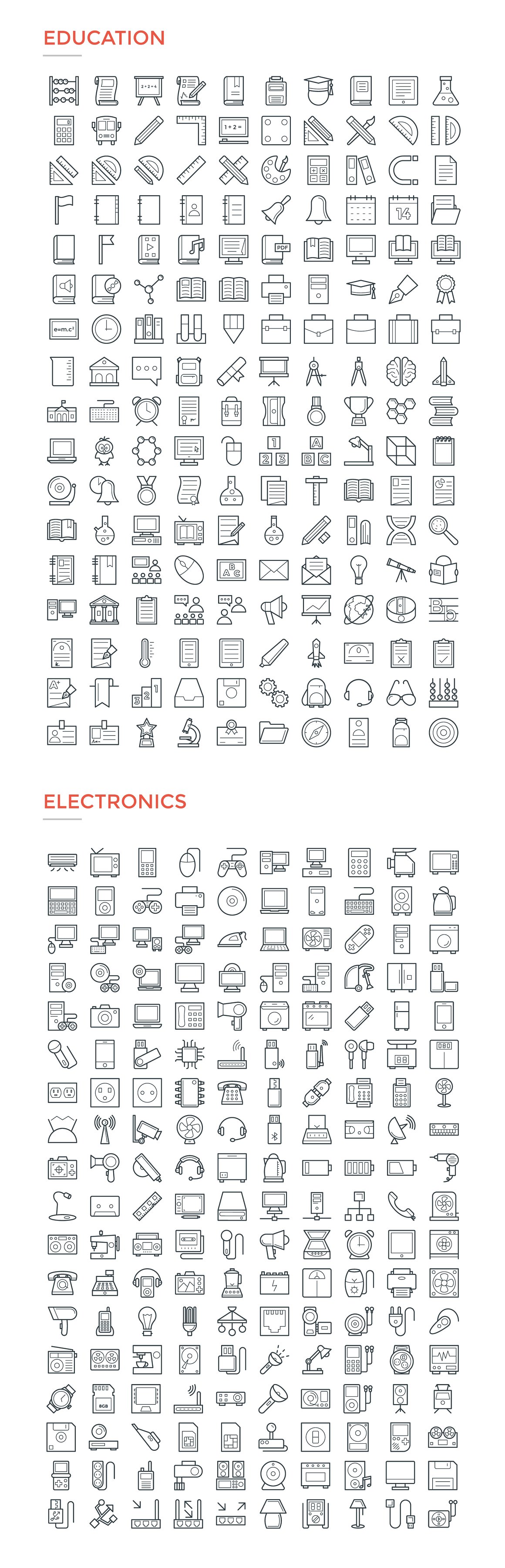 Black line kit of education and electronics icons on a white background.