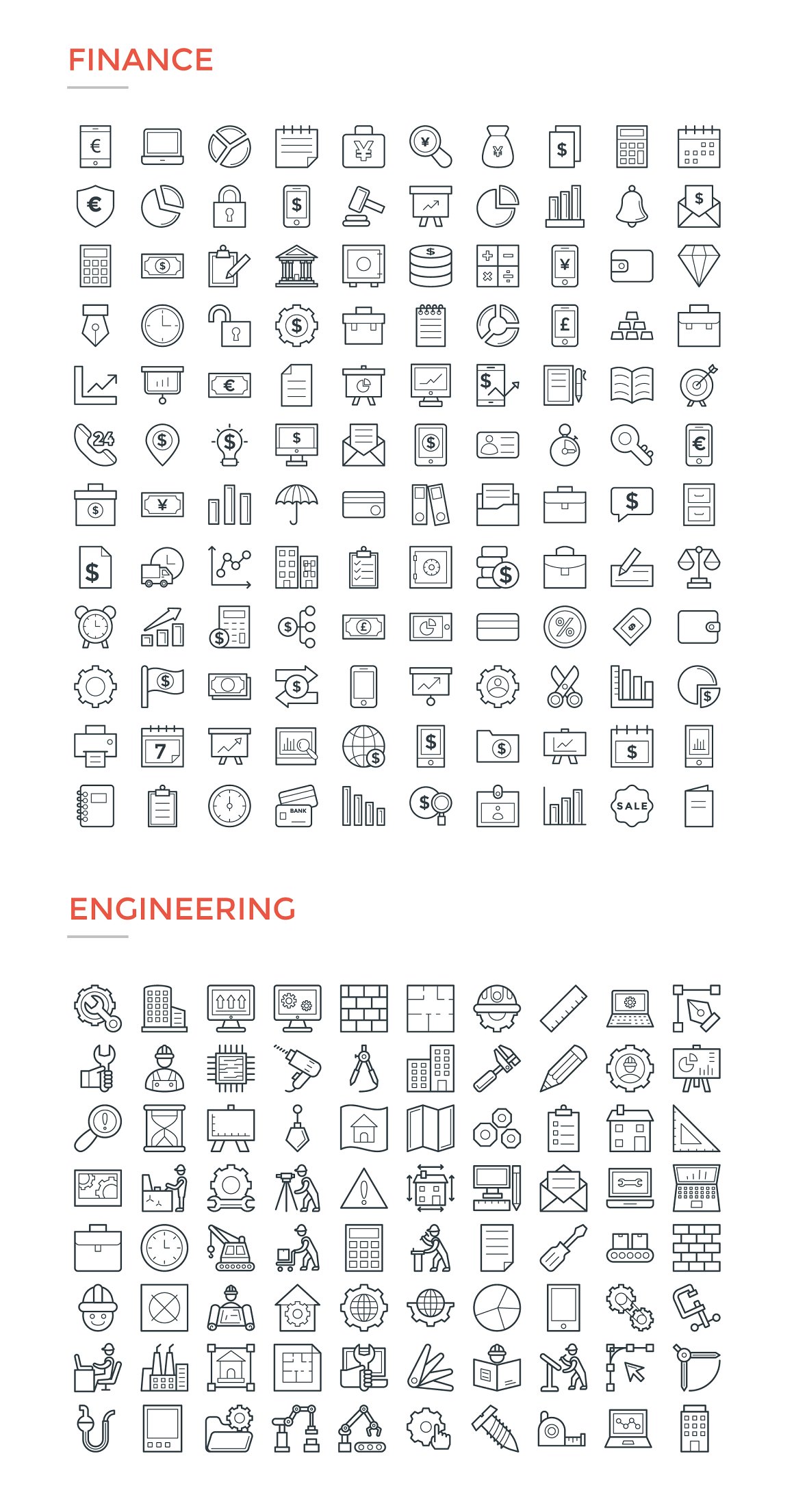 Clipart of finance and engineering icons on a white background.