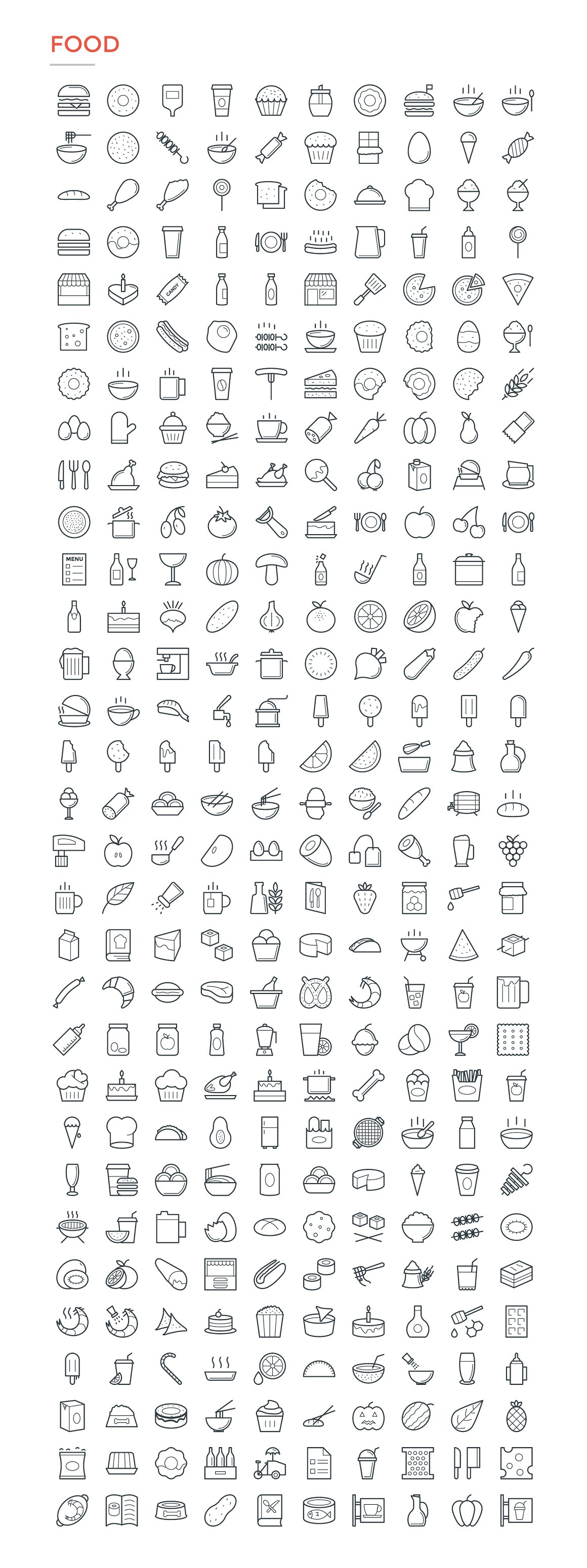 Food pack of different black icons on a white background.