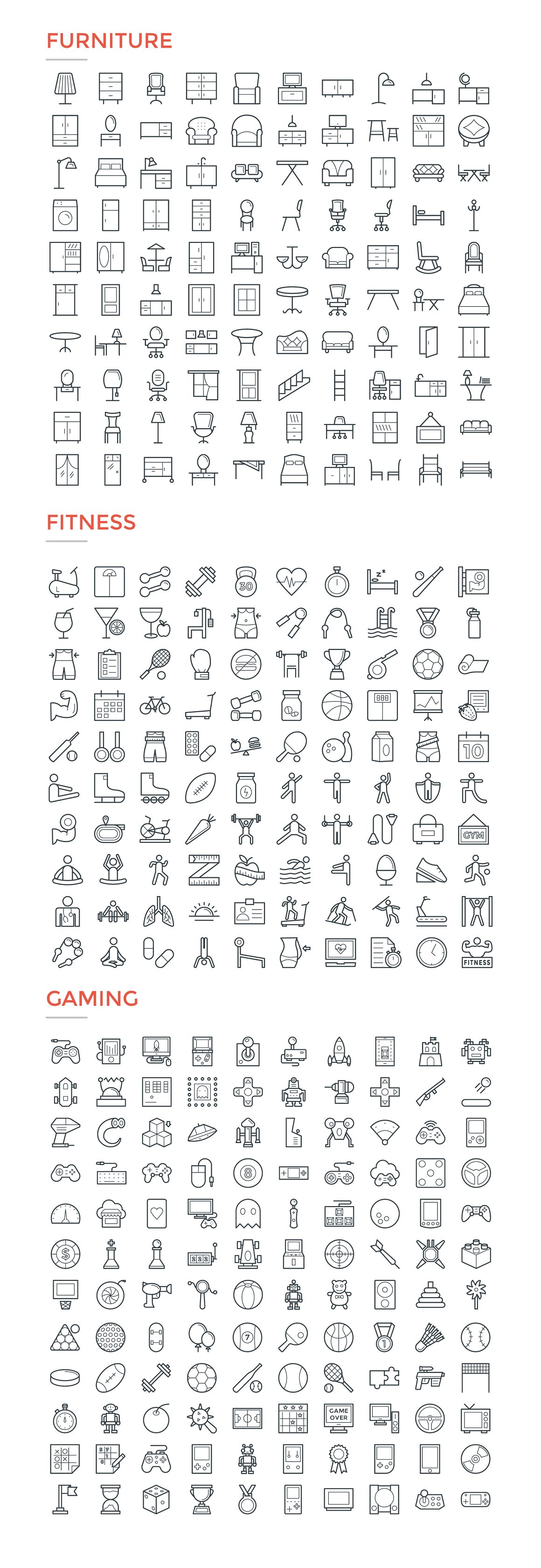 A set of furniture, fitness and gaming icons on a white background.