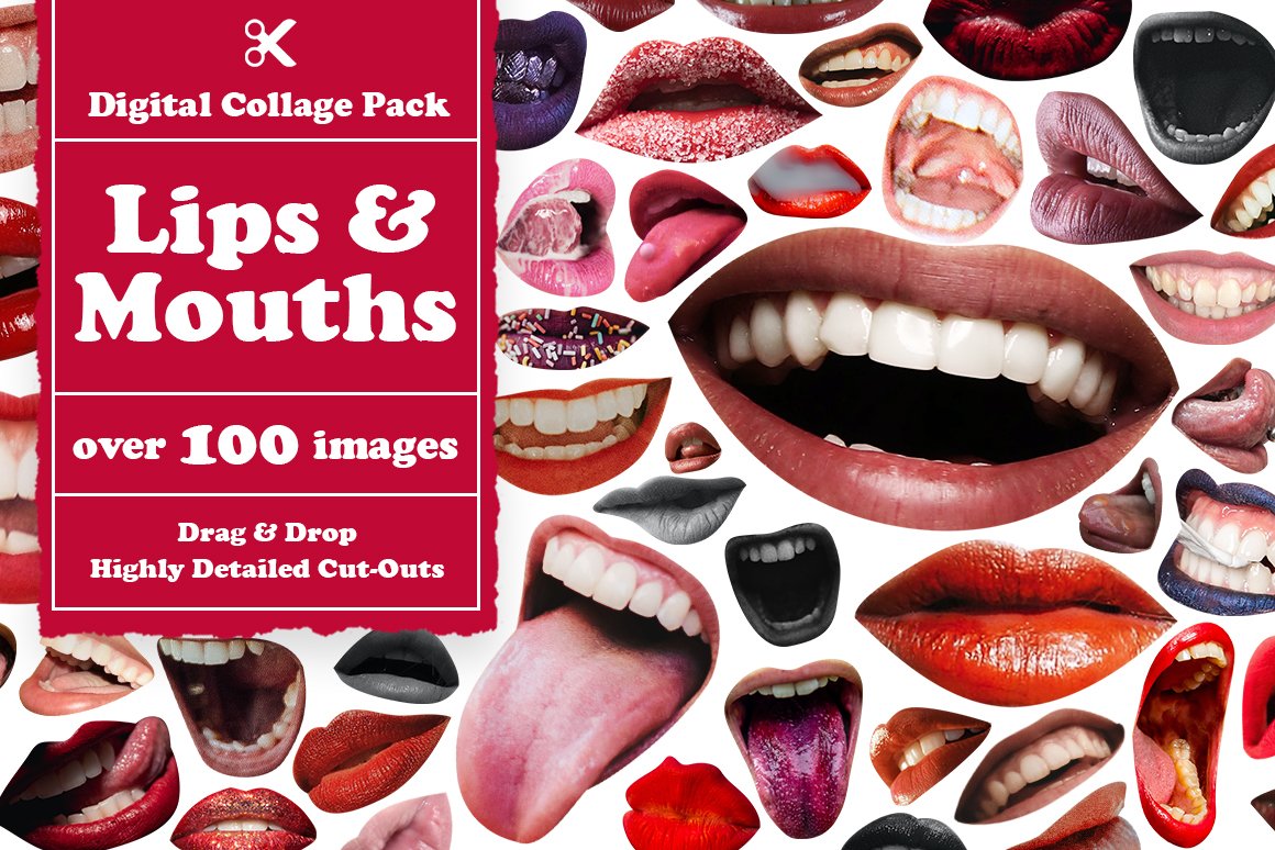 Clipart of different illustrations of lips and mouths on a white background.