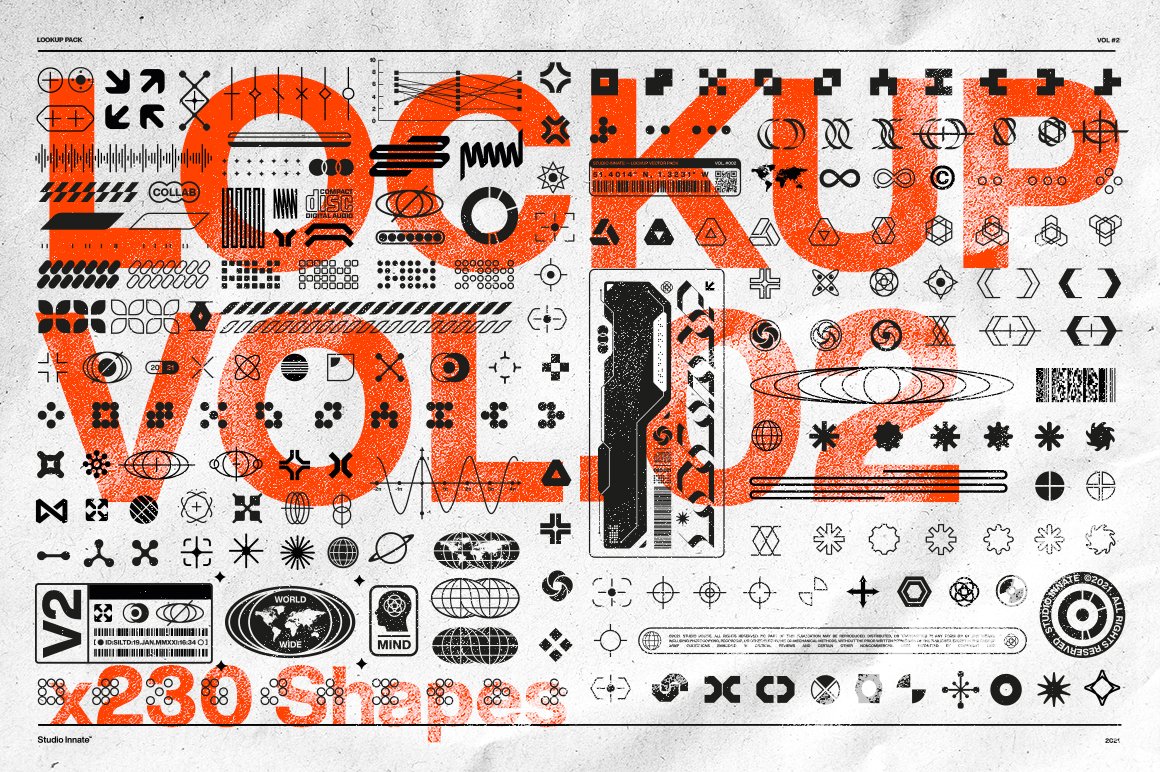 Red lettering "Lockup. Vol.2" on a gray background with set of black icons.
