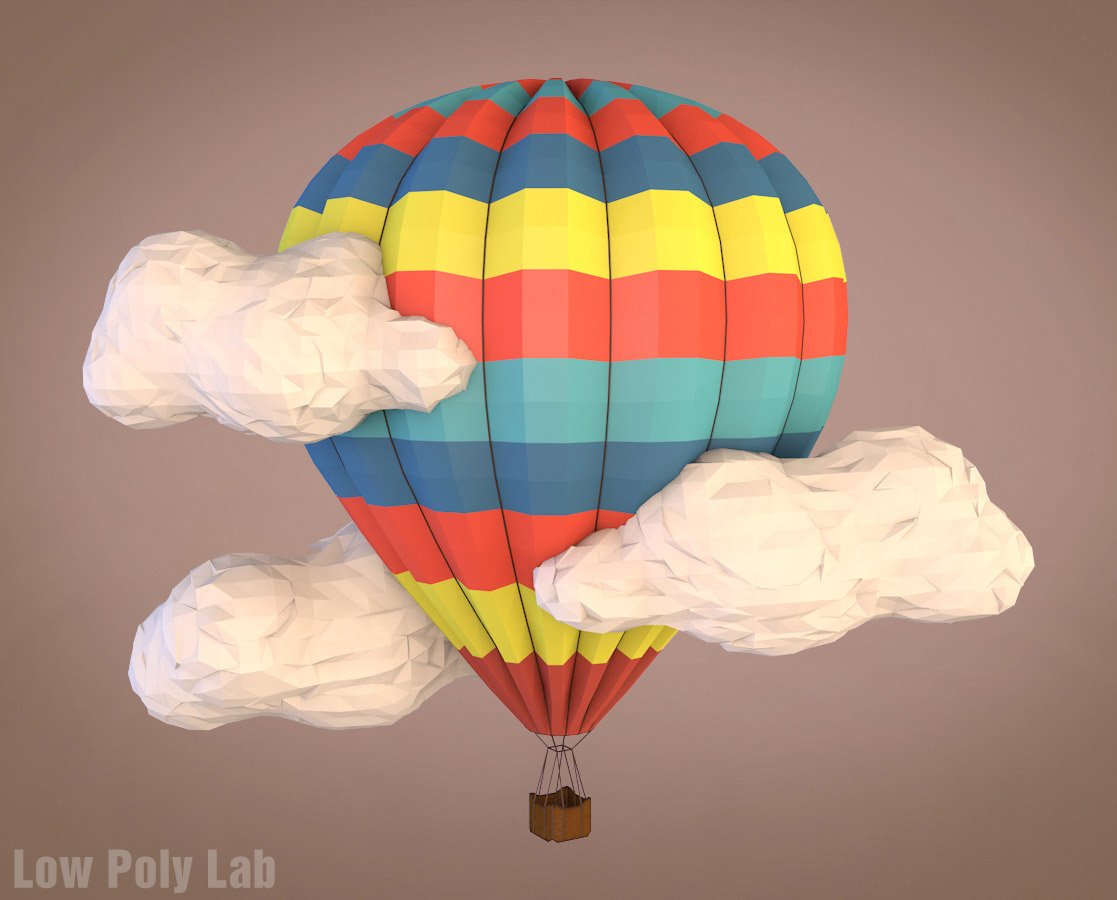 3D low poly balloon with clouds mockups on a brown background.