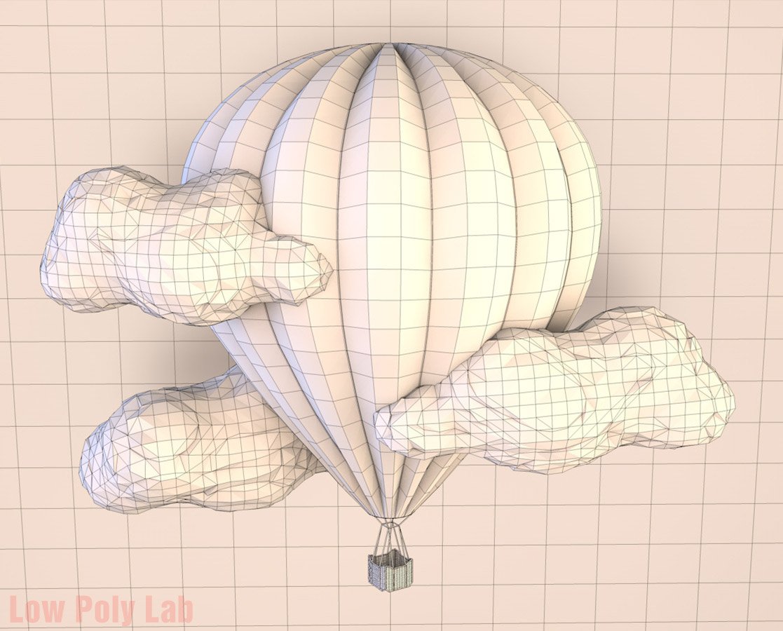 Graphic mockup of low poly balloon with clouds.