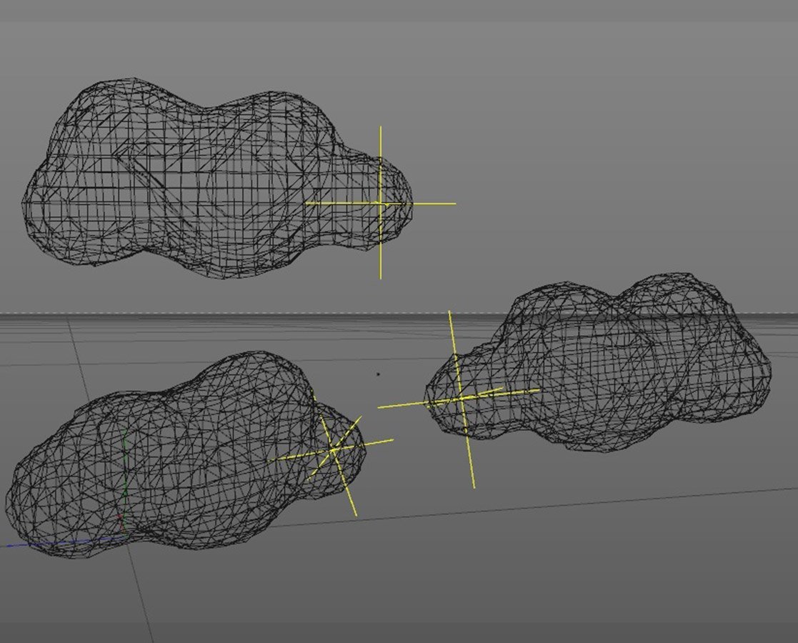 3 low poly clouds black line mockups on a dark gray background.