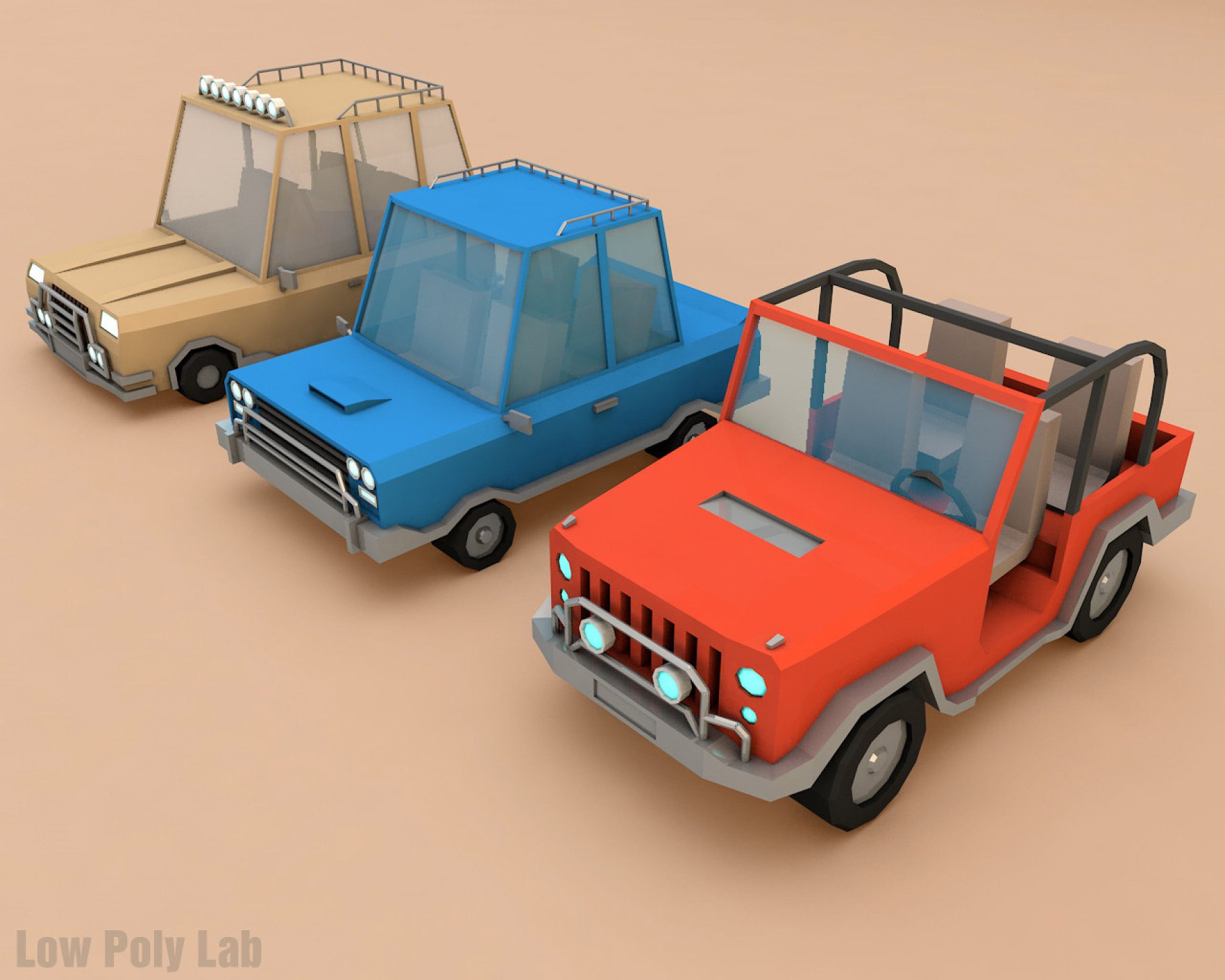 Beige, blue and orange low poly cars jeep family car mockups on a beige background.
