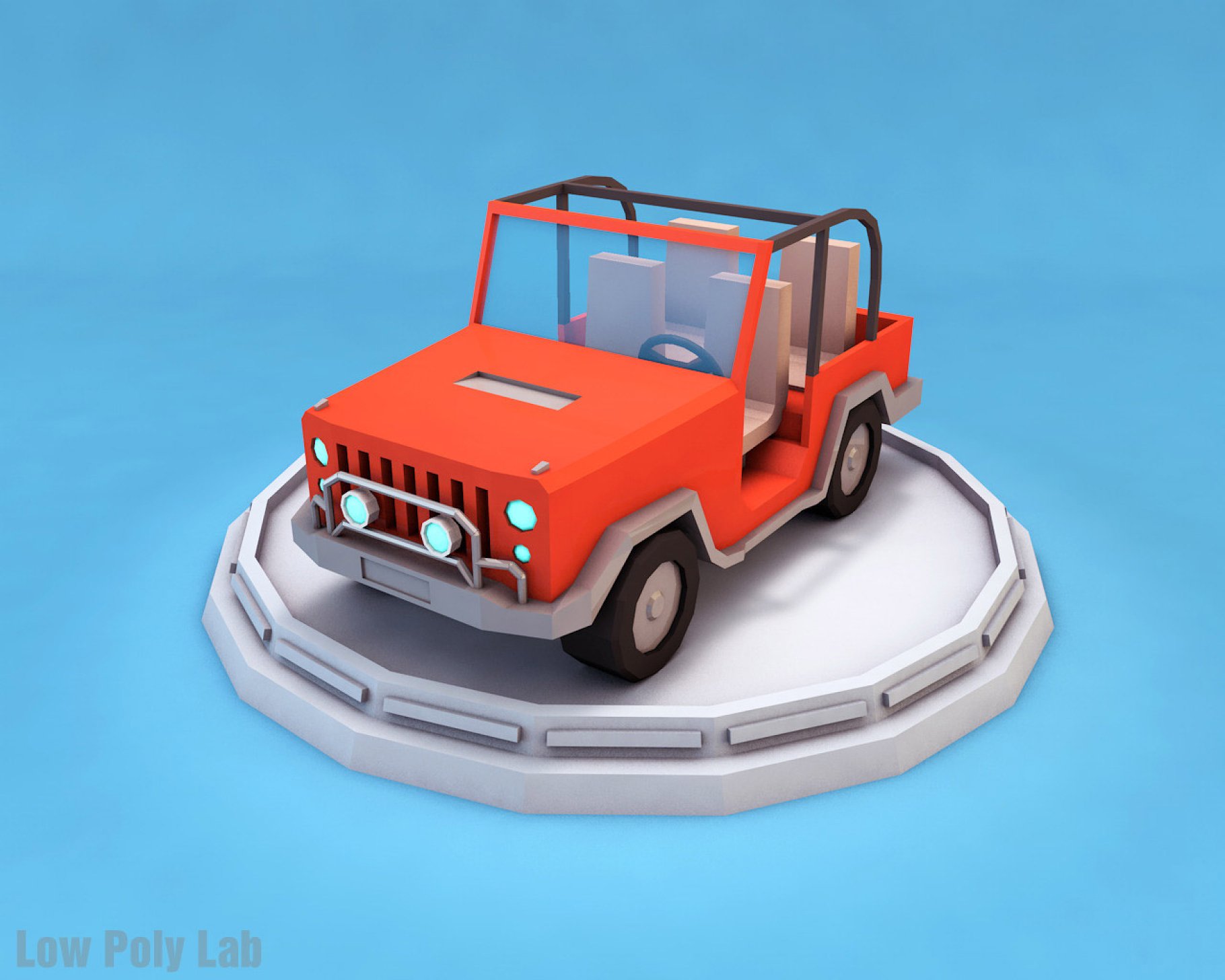 Orange front mockup of low poly car jeep on a blue background.