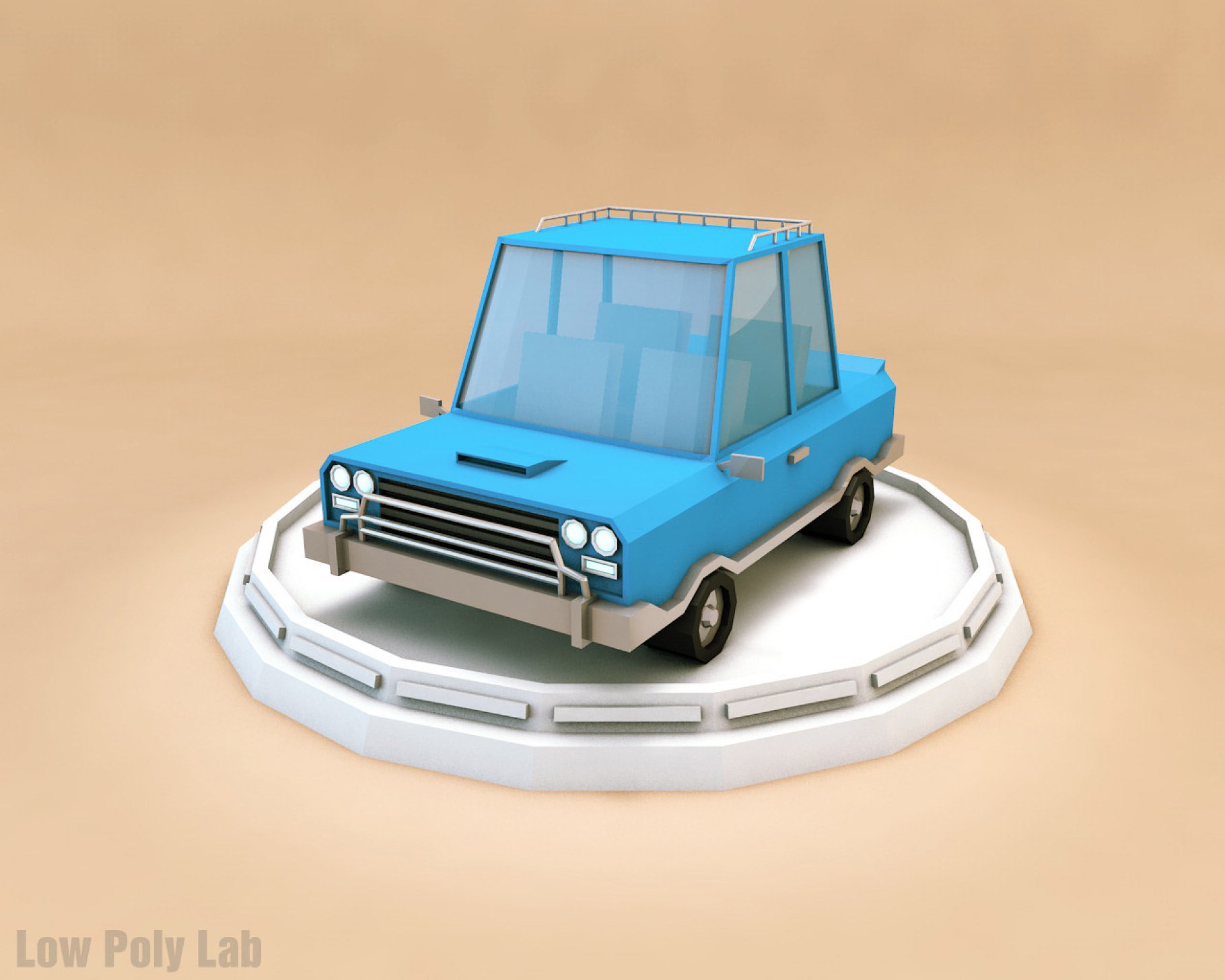 Blue front mockup of low poly car jeep on a beige background.