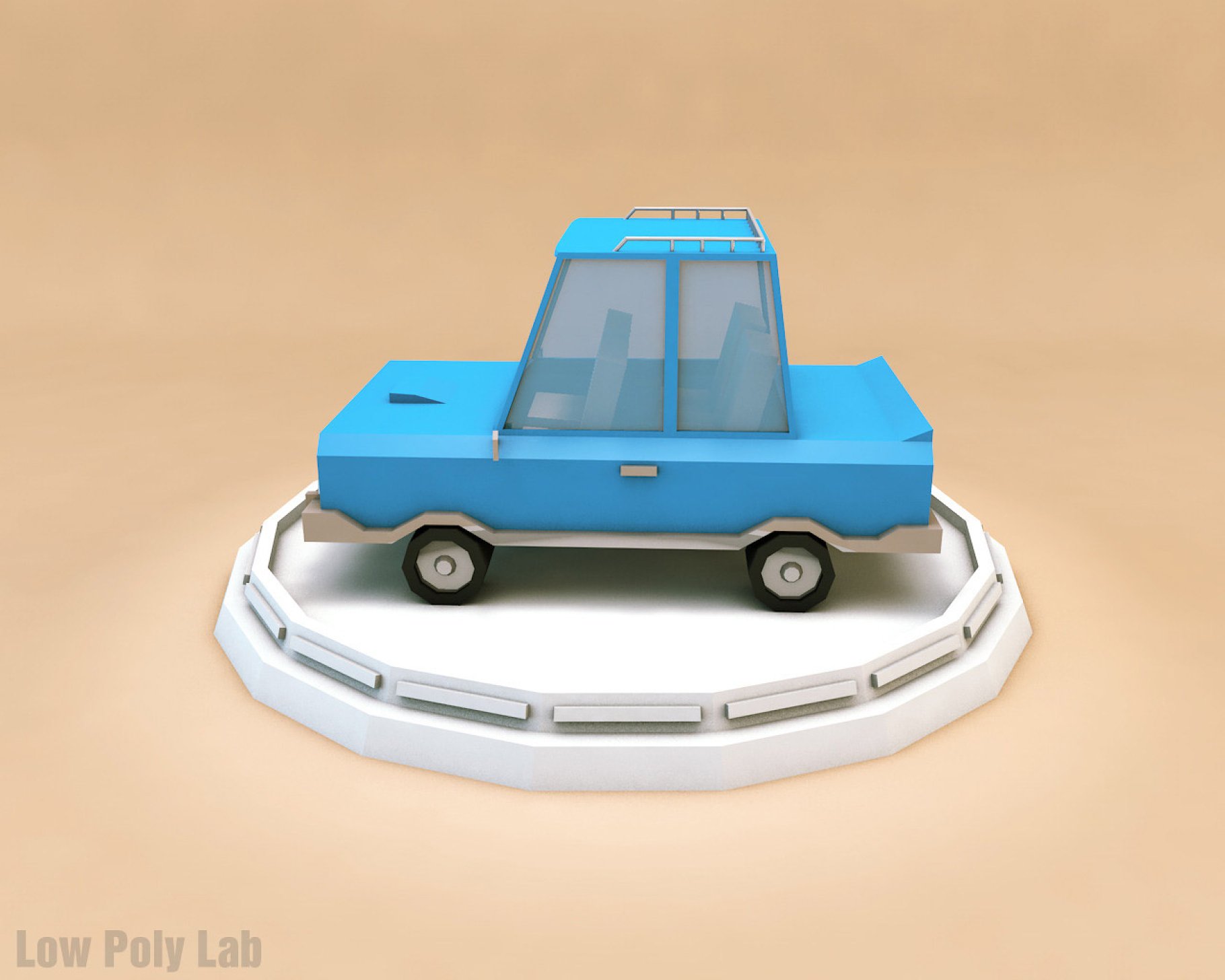 Low poly car in blue on the left side on a beige background.