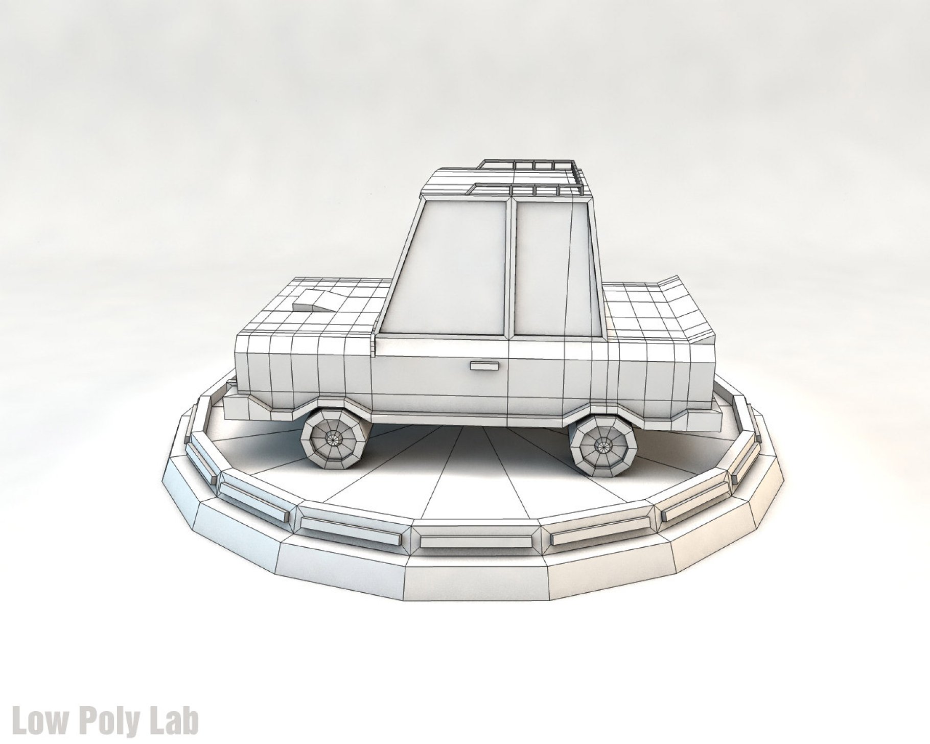 Gray low poly car graphic mockup in blue on the left side on a gray background.