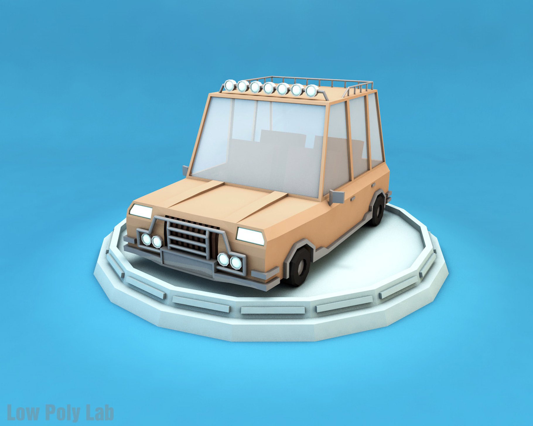 Beige front mockup of low poly car jeep on a blue background.