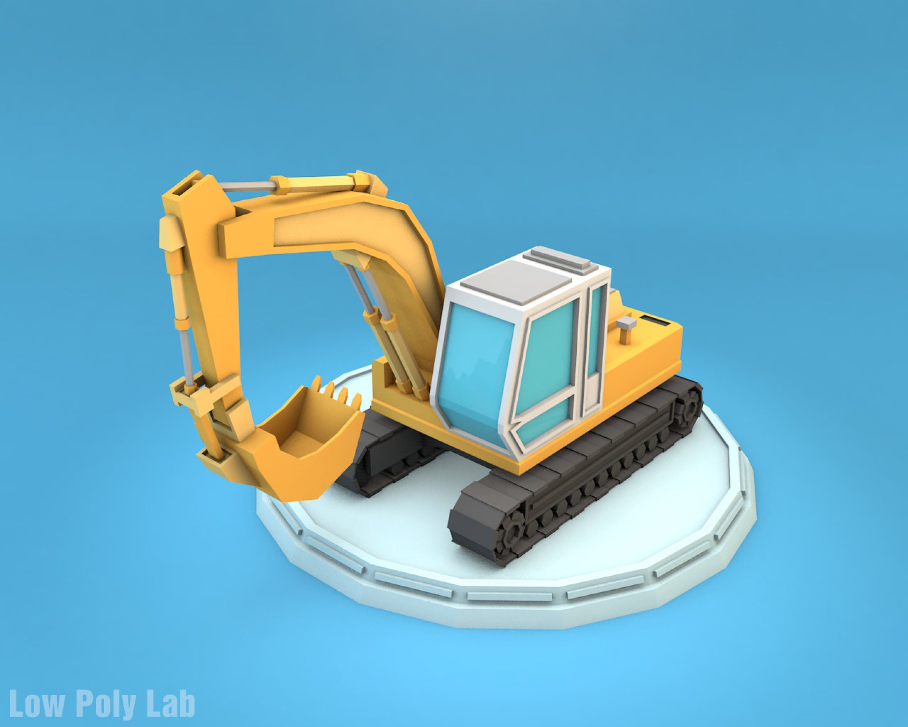Front mockup of low poly excavator on a blue background.