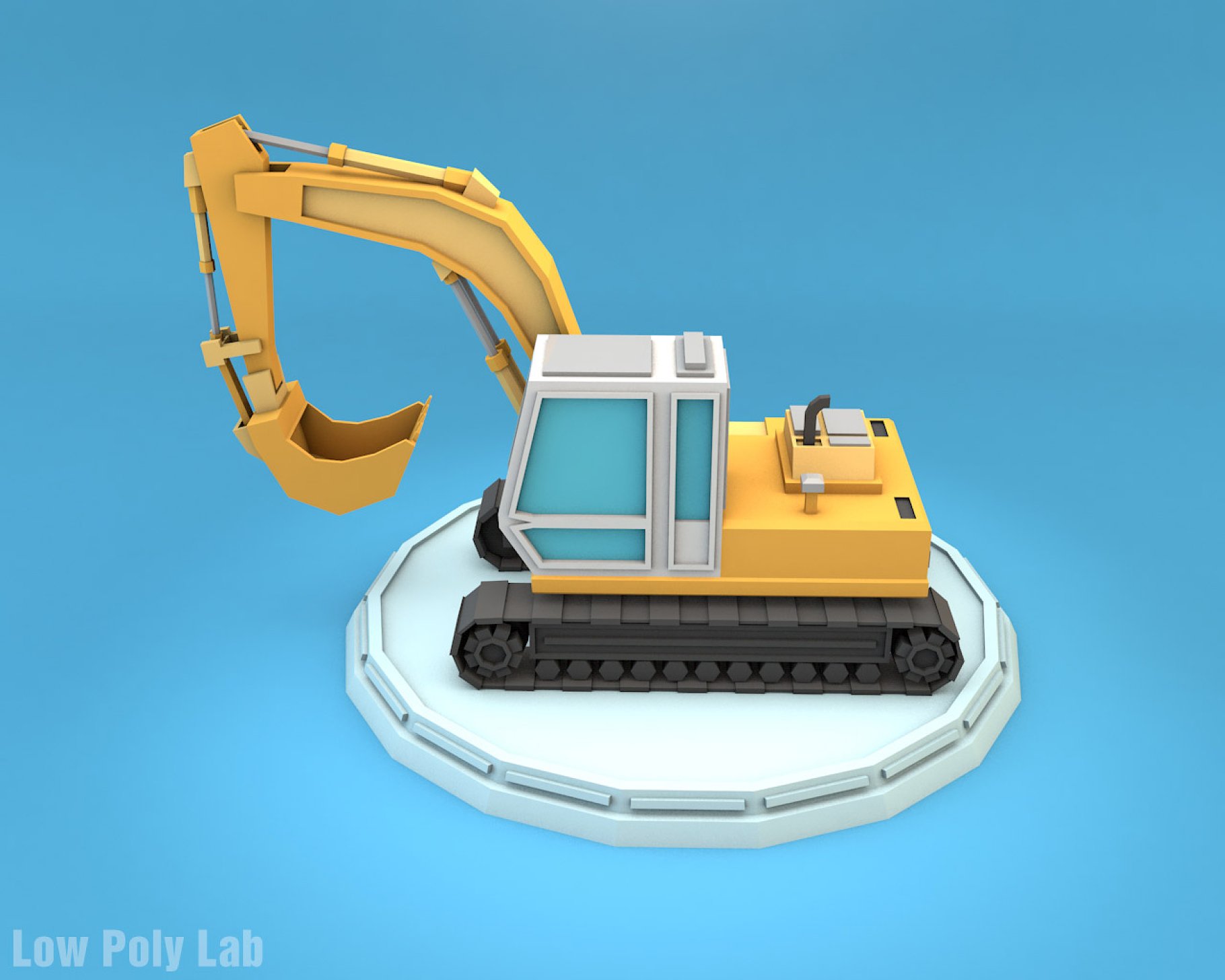 Low poly excavator mockup in left on a blue background.
