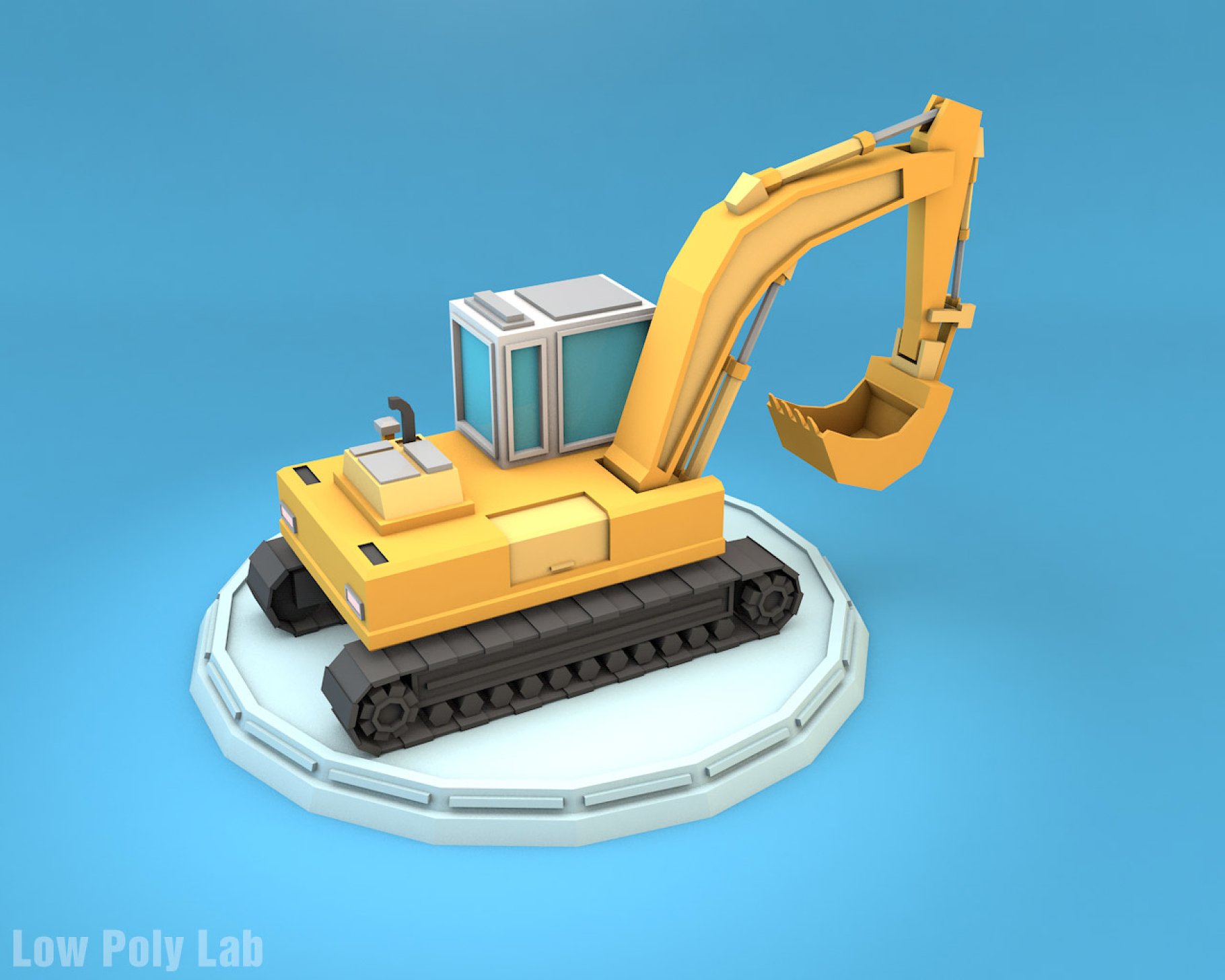 Yellow mockup in right of low poly excavator on a blue background.