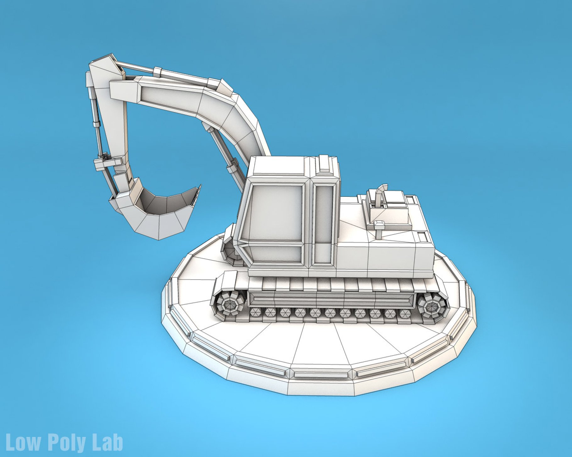 Gray low poly excavator mockup in left on a blue background.