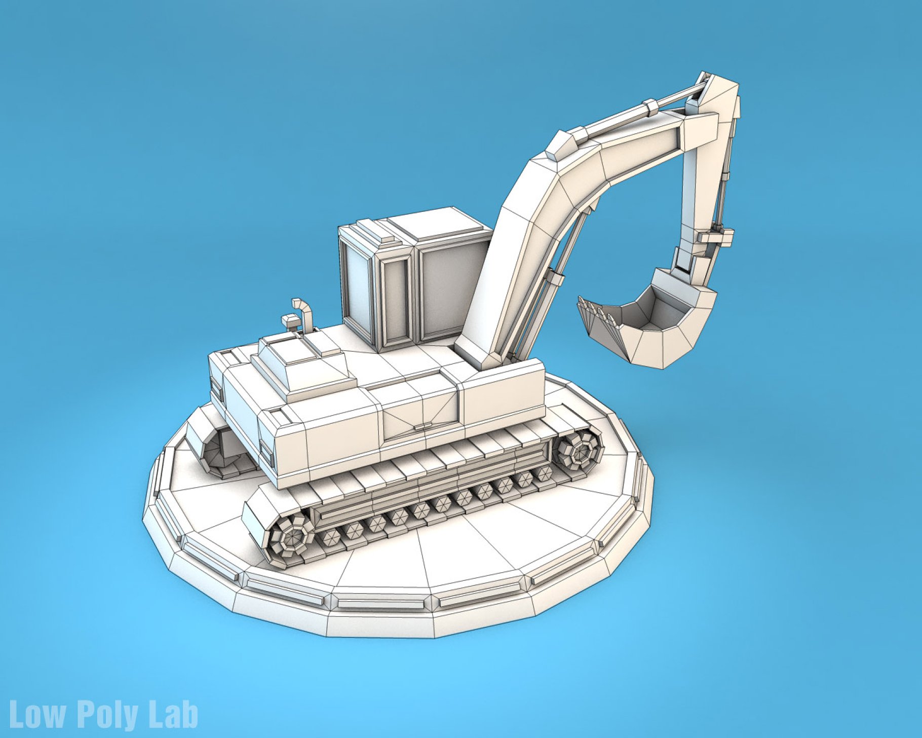 Gray mockup in right of low poly excavator on a blue background.